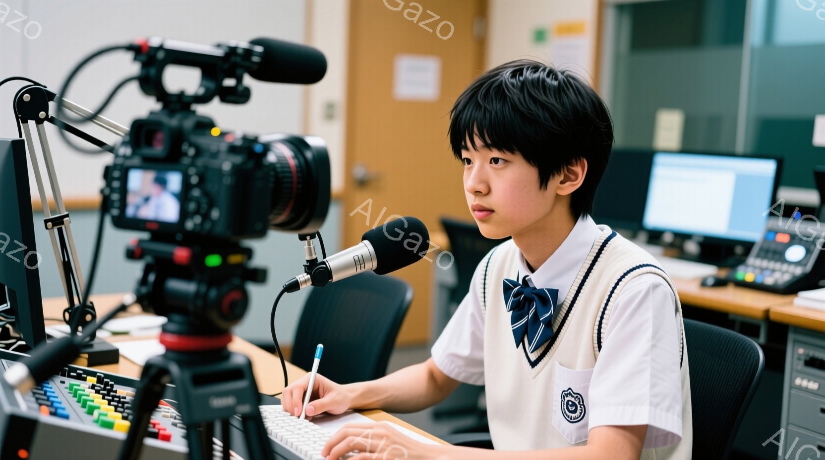 制服を着た少年が、キーボードの前に座り、何かを書き込んでいる様子が写っている。彼の髪型は短く、前髪が少し目にかかっており、真剣な表情でペンを持っている。背景には、モニターや機材が並び、放送スタジオのような室内であることがわかる。