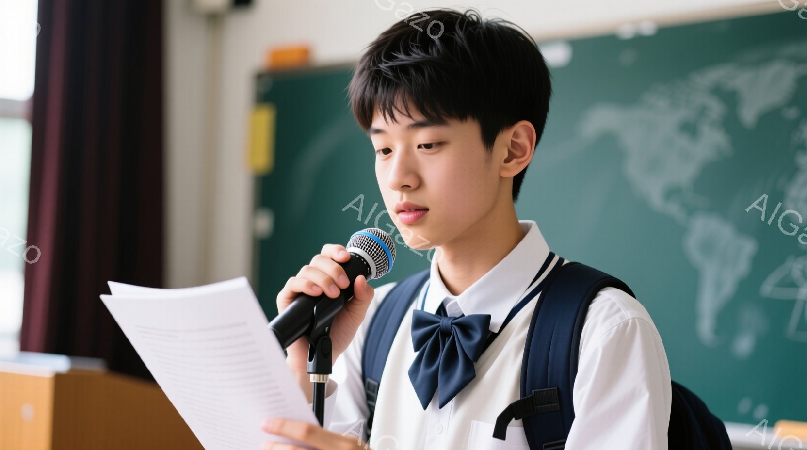 制服を着た少年が、片手に原稿を持ち、もう片手にマイクを持って立っている。彼は紺色のリボンタイを締め、黒髪を短く整えている。背景には世界地図が描かれた黒板があり、彼が学校や教室で発表を行っている様子が伺える。