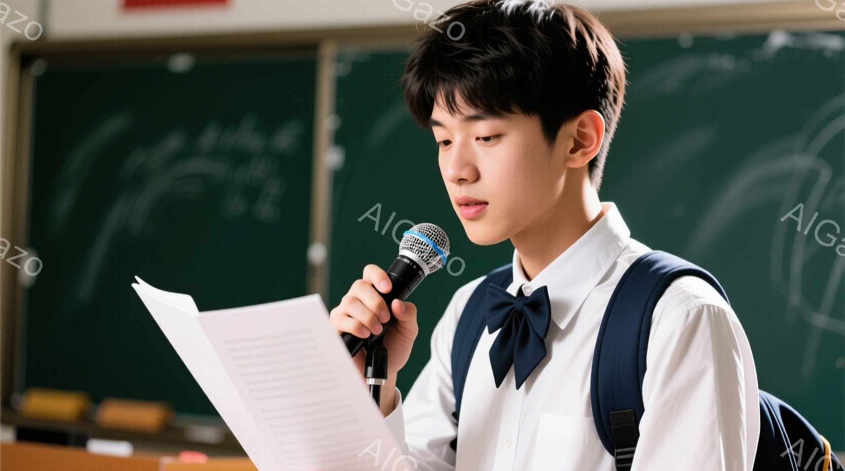 若い男性が、片手に原稿を持ち、もう片手にマイクを持って話しています。白いシャツに濃い青色の蝶ネクタイを締め、黒いバックパックを背負っています。背景は教室で、黒板が一部見え、落ち着いた雰囲気です。