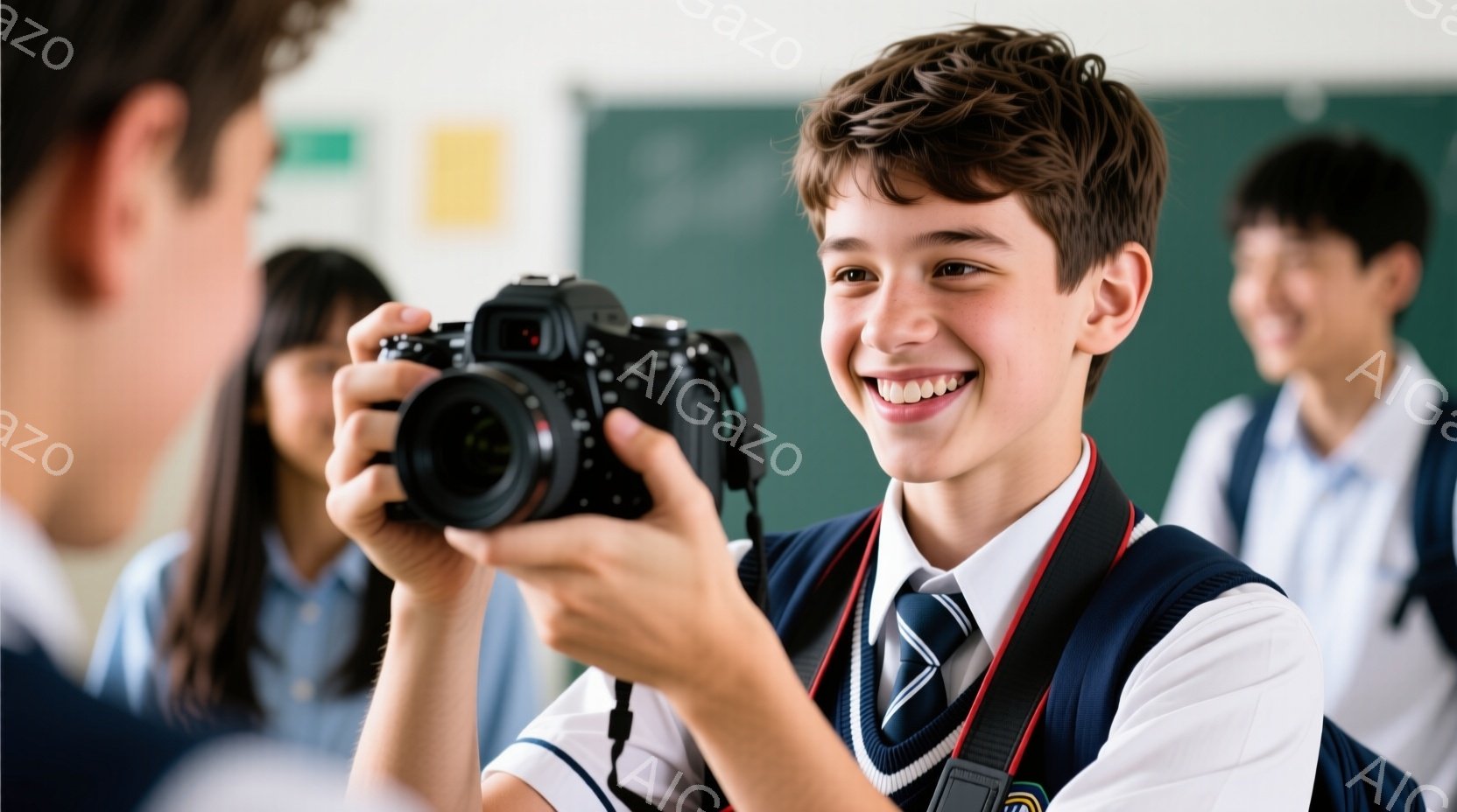 少年はカメラを構え、満面の笑みを浮かべている。紺色のブレザーにネクタイ、白いシャツという制服姿で、背景には教室らしき空間と他の生徒が見える。明るい雰囲気で、楽しそうな瞬間を捉えようとしている様子が伝わ - AI生成フリー素材