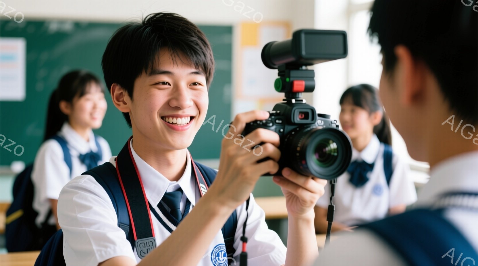 制服を着た若い男性が、一眼レフカメラを持って笑顔でこちらを見ている。彼はカメラを構え、撮影している最中の様子で、背景には教室と他の生徒たちがぼやけている。明るい表情と教室の雰囲気から、楽しい撮影の瞬間を切り取っていることがわかる。