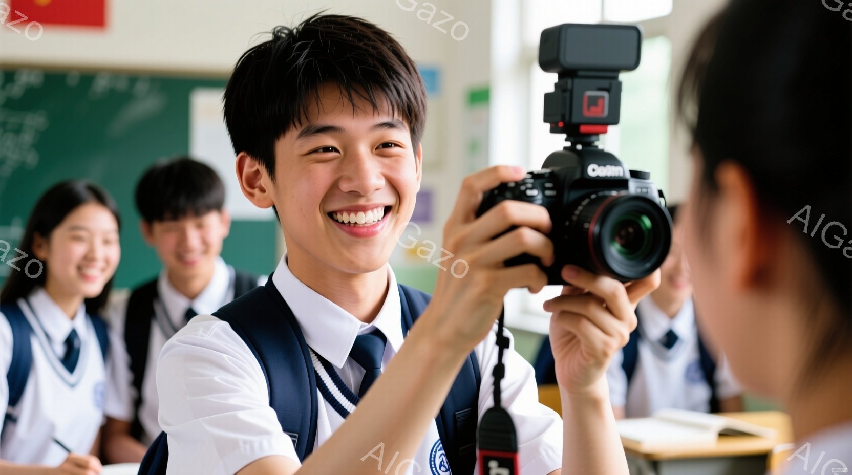 高校生らしき制服を着た少年がカメラを持って笑顔でこちらを見ている様子が写っています。背景には、同じ制服を着た他の生徒たちと教室の黒板が見え、活気のある学校生活の一コマを捉えています。少年の髪型は短髪で - AI生成フリー素材