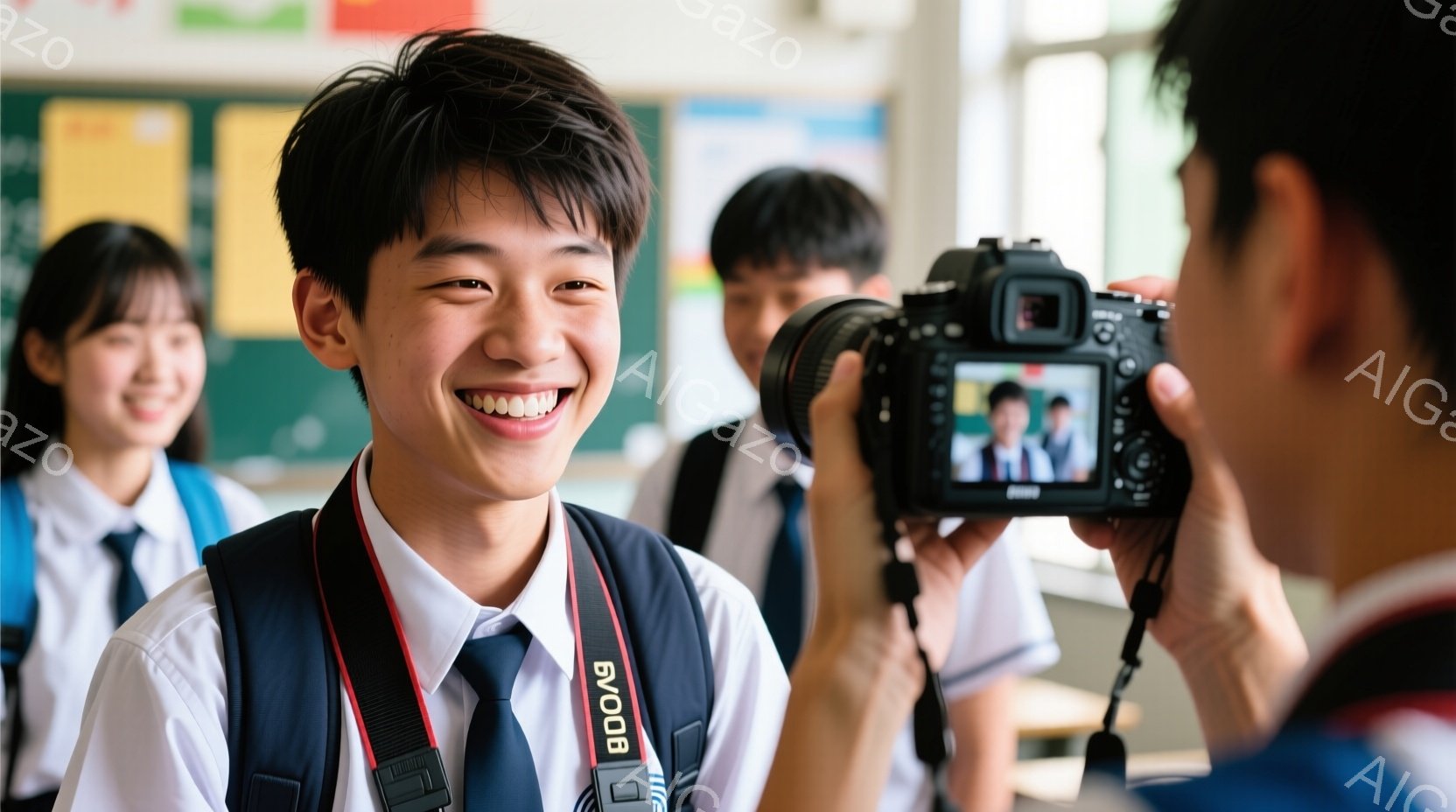制服を着た少年がカメラに向かって笑顔で立っており、カメラマンは彼を撮影している。背景には、他の生徒と教室らしき場所が見え、明るい雰囲気である。少年の髪型は短く、首にはカメラのストラップがかけてあり、全 - AI生成フリー素材