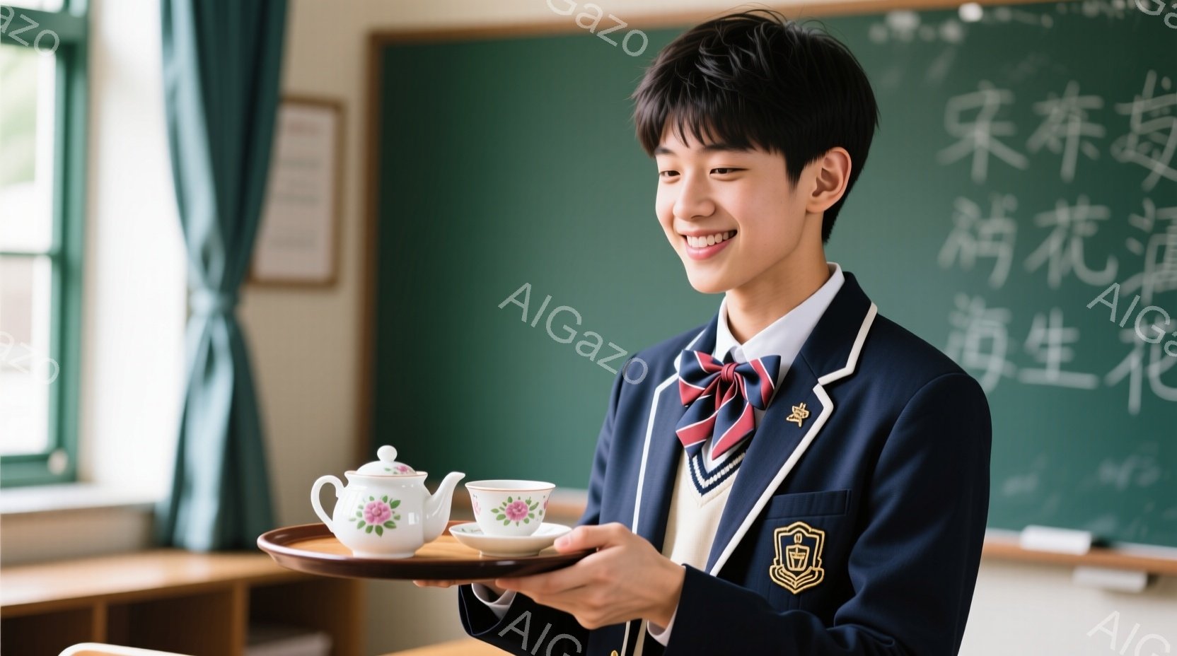 制服を着た少年がティーセットを手に微笑んでいる。紺色のブレザーにストライプのネクタイ、チェック柄のリボンが特徴的で、髪型は短く整えられている。背景には教室の黒板があり、漢字で何かが書かれているが、全体的に明るく、温かい雰囲気である。