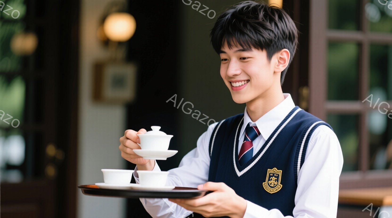 若い男性が紺色のベストと白いシャツ、ネクタイ姿で、白いお盆にティーポットとティーカップを乗せて笑顔で立っています。彼は少し上を見て微笑んでおり、姿勢は良く、自信に満ち溢れています。背景には木製のドアと - AI生成フリー素材