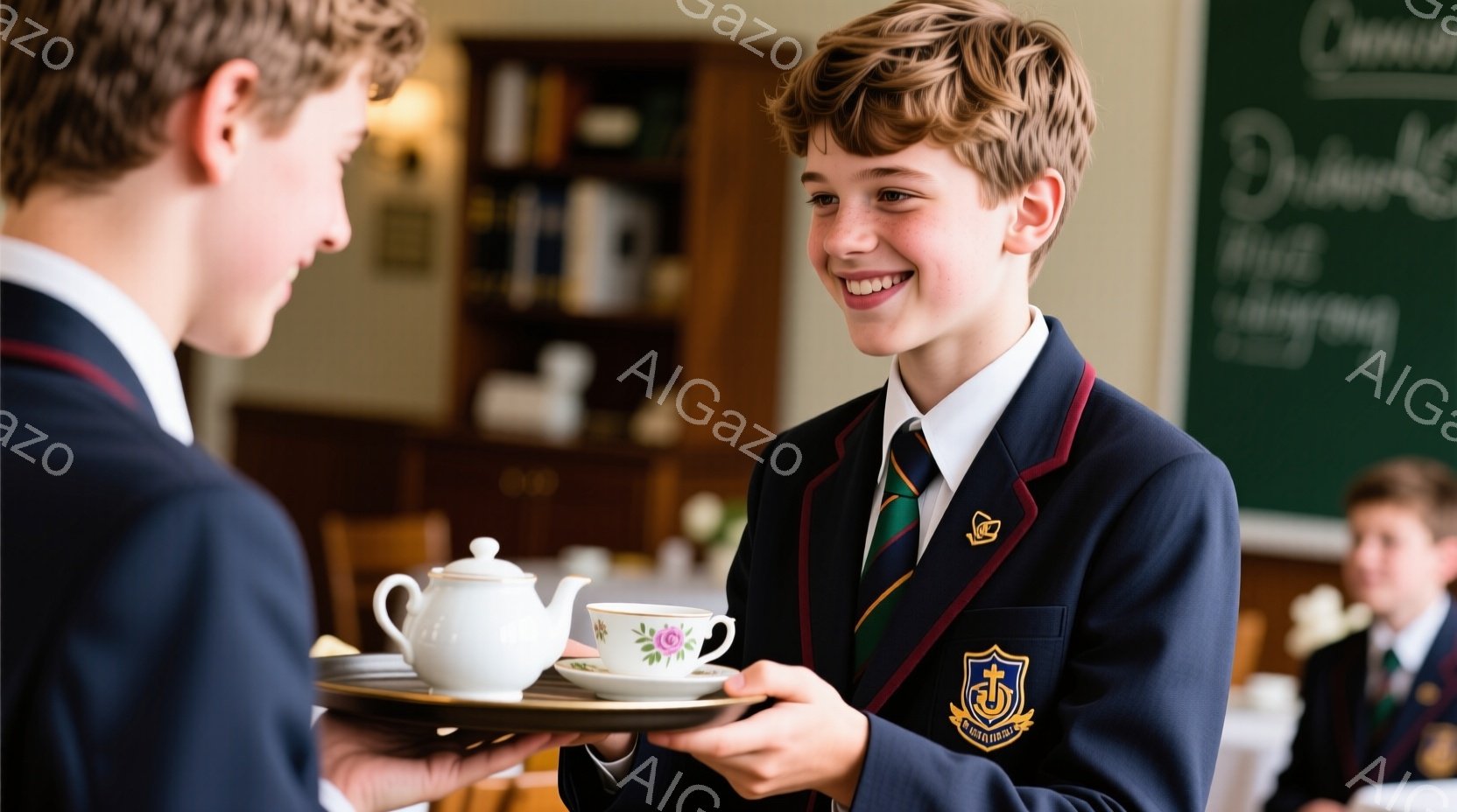制服を着た少年が笑顔でティーセットを運んでいる。彼の制服は濃い青色で、赤いブレザー、緑と黄色のストライプのネクタイ、そして胸には紋章がついている。背景には他の生徒たちがテーブルに着いており、クラシックな内装の部屋で、上品で明るい雰囲気を感じさせる。