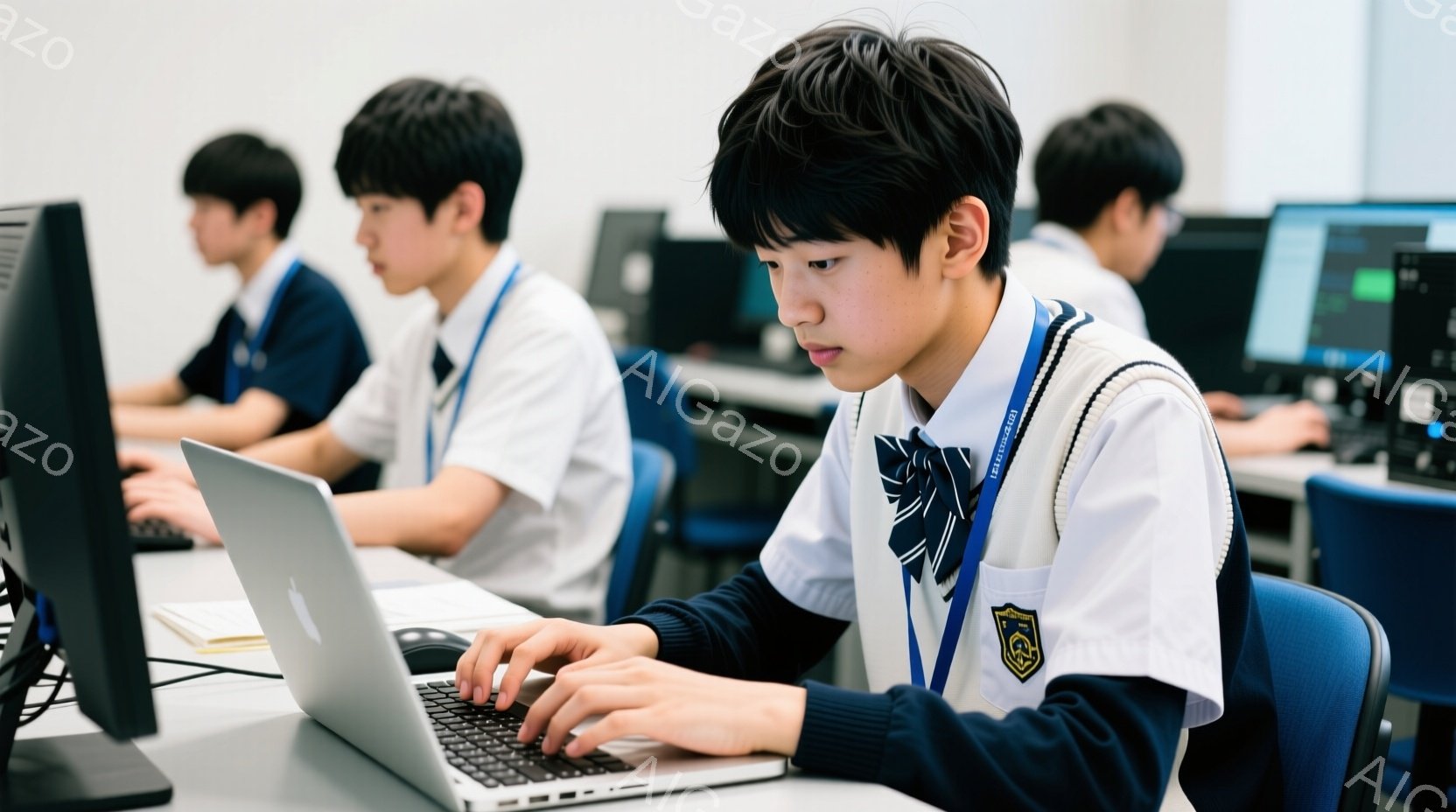 制服を着た男子生徒が、ノートパソコンを使って何かをしている様子が写っている。彼は黒髪で、前髪を少し長めにしており、集中した表情でキーボードを見つめている。背景には他の生徒たちと、コンピューターが並んだ - AI生成フリー素材