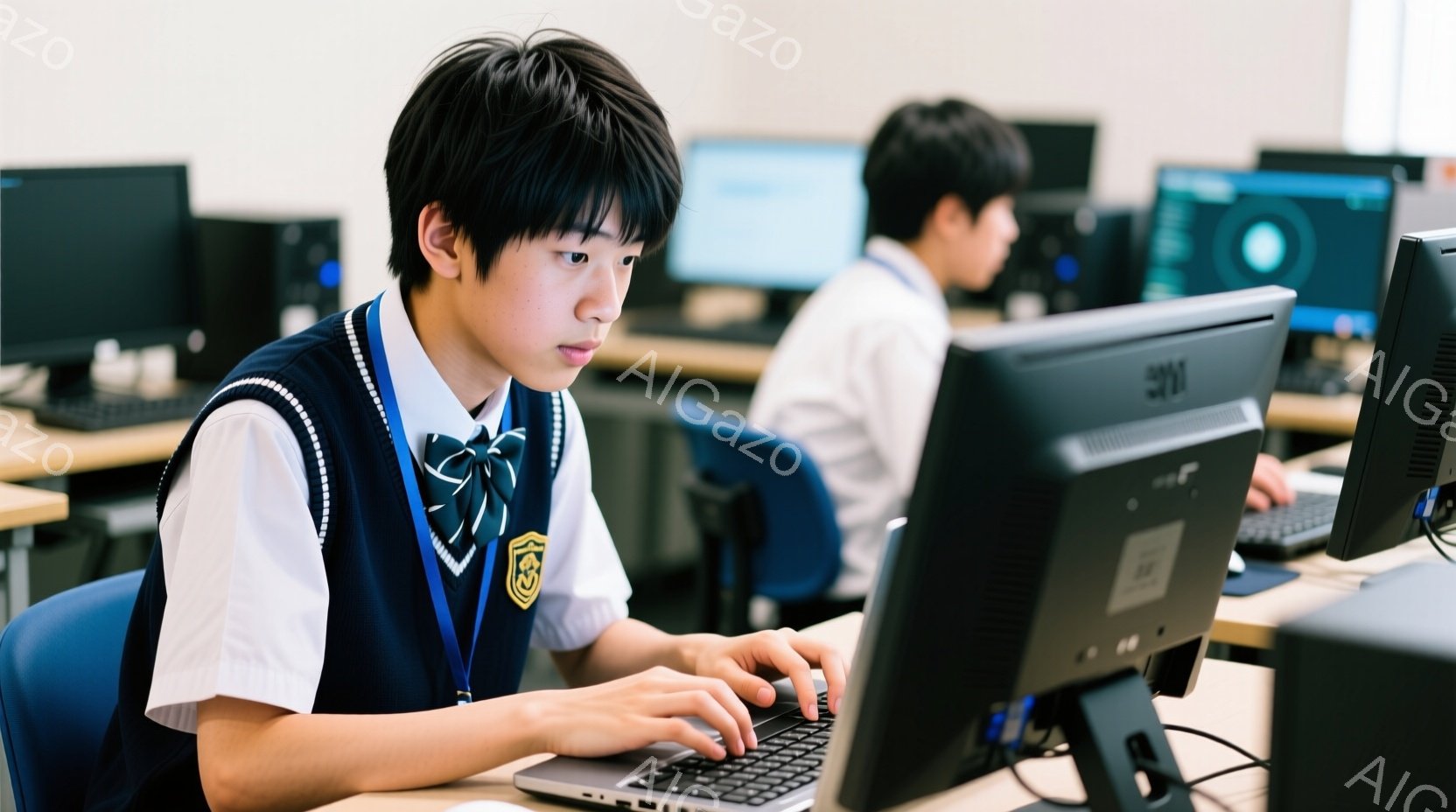 制服を着た男子生徒が、コンピューターに向かってタイピングしている様子が写っている。彼は紺色のベストと白いシャツ、ネクタイを着用し、真剣な表情でキーボードを見つめている。背景には他の生徒たちがコンピューターを使っている教室が広がり、集中した学習環境が感じられる。