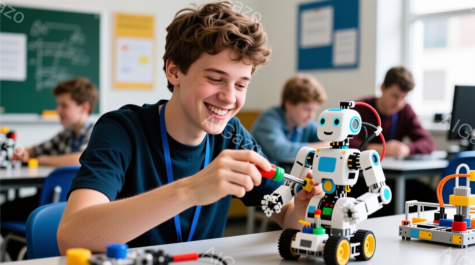 茶髪の少年が、ロボットの組み立てに集中している様子が写っている。彼は青いTシャツを着ており、顔には明るい笑顔が浮かんでいる。背景には他の生徒たちが教室で作業している様子が見え、全体的に明るく活気のある - AI生成フリー素材