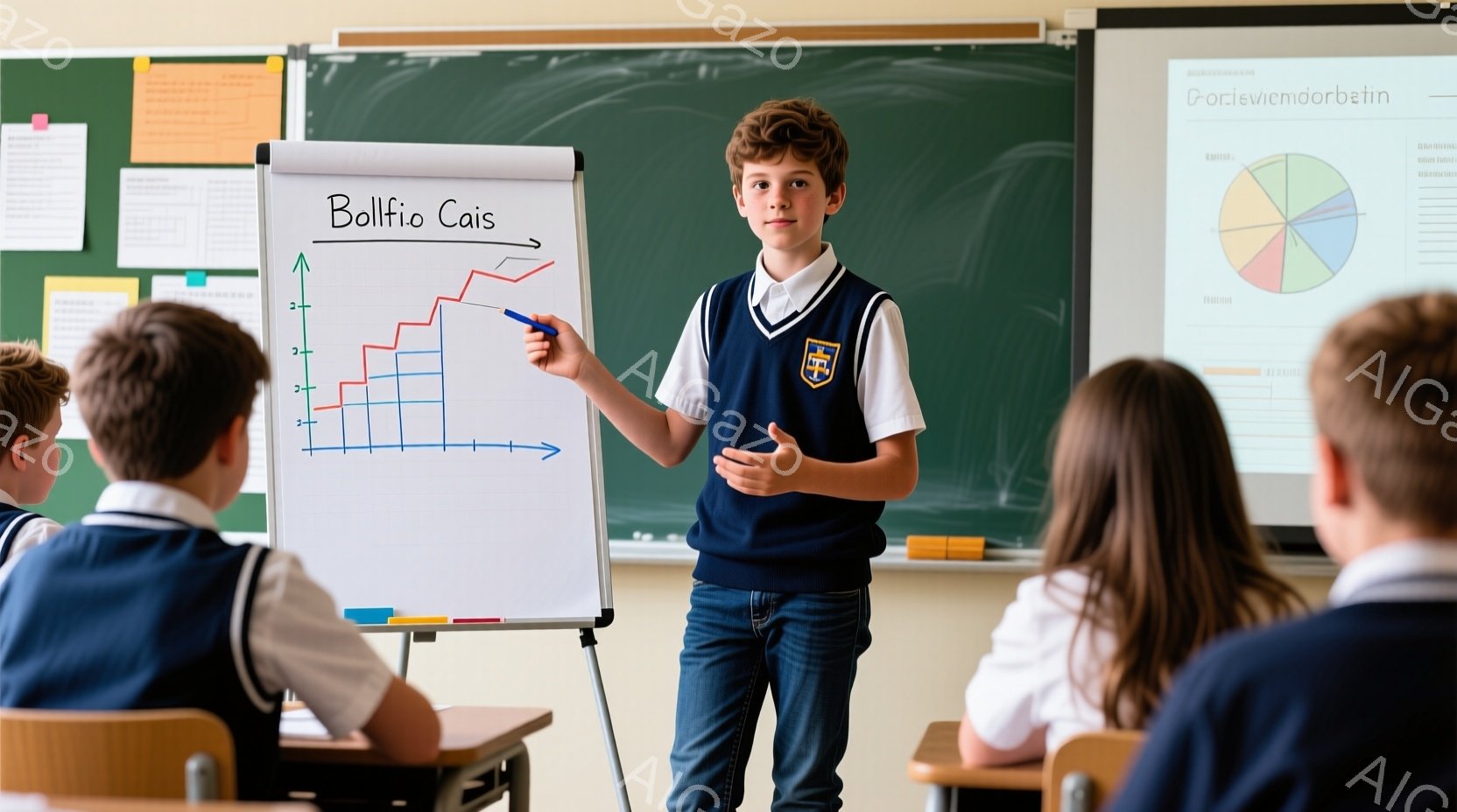教室で、少年がホワイトボードの前でプレゼンテーションをしている。彼はネイビーのベストと白のシャツを着ており、ジーンズを履いている。彼の髪は軽くカールしており、真剣な表情でグラフを指している。