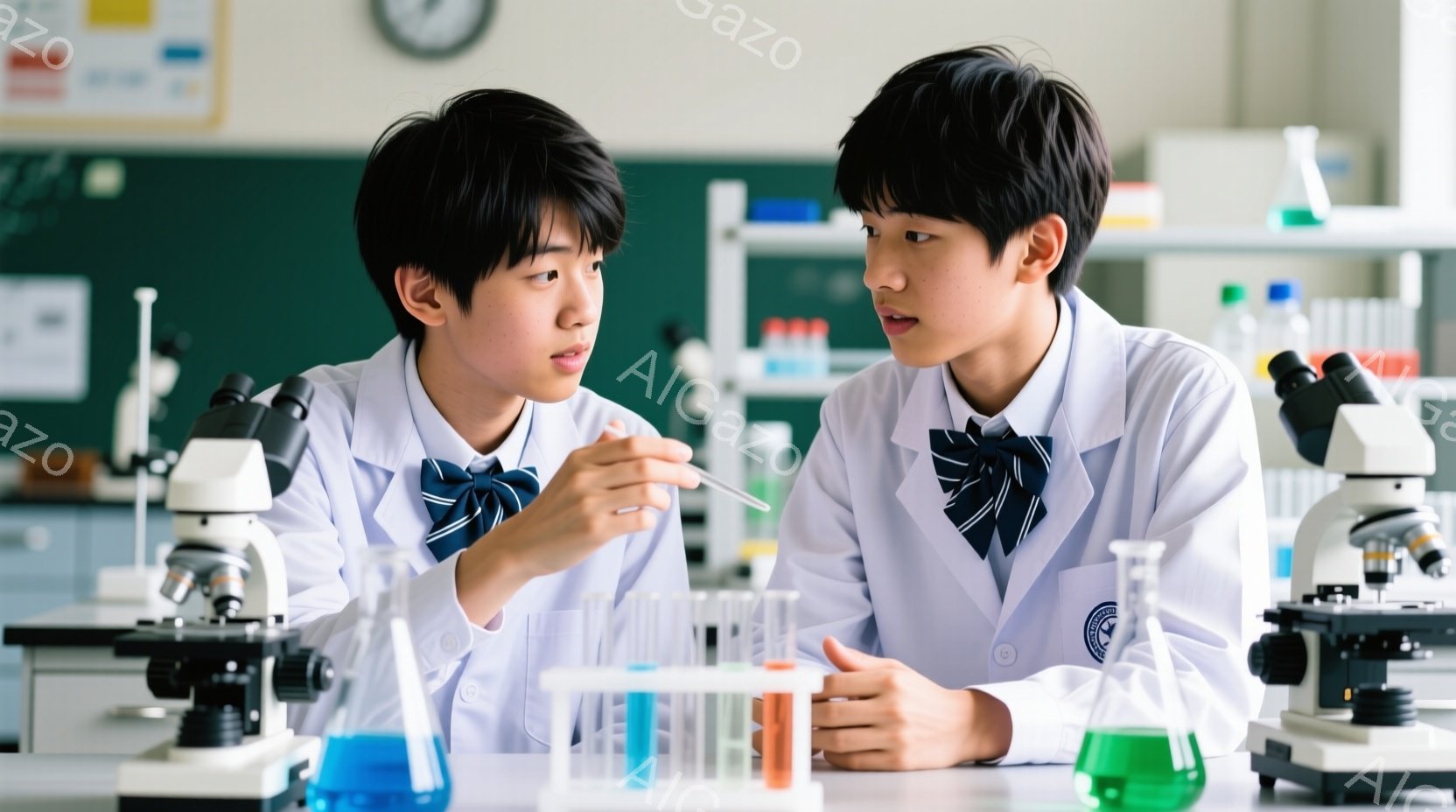 白衣を着た二人の少年が、理科実験室で試験管を見つめています。彼らは学校の制服のようなネクタイと、きちんと整えられた黒髪を持っています。背景には実験器具や薬品が並び、真剣な表情で実験について話し合っている様子が伺えます。