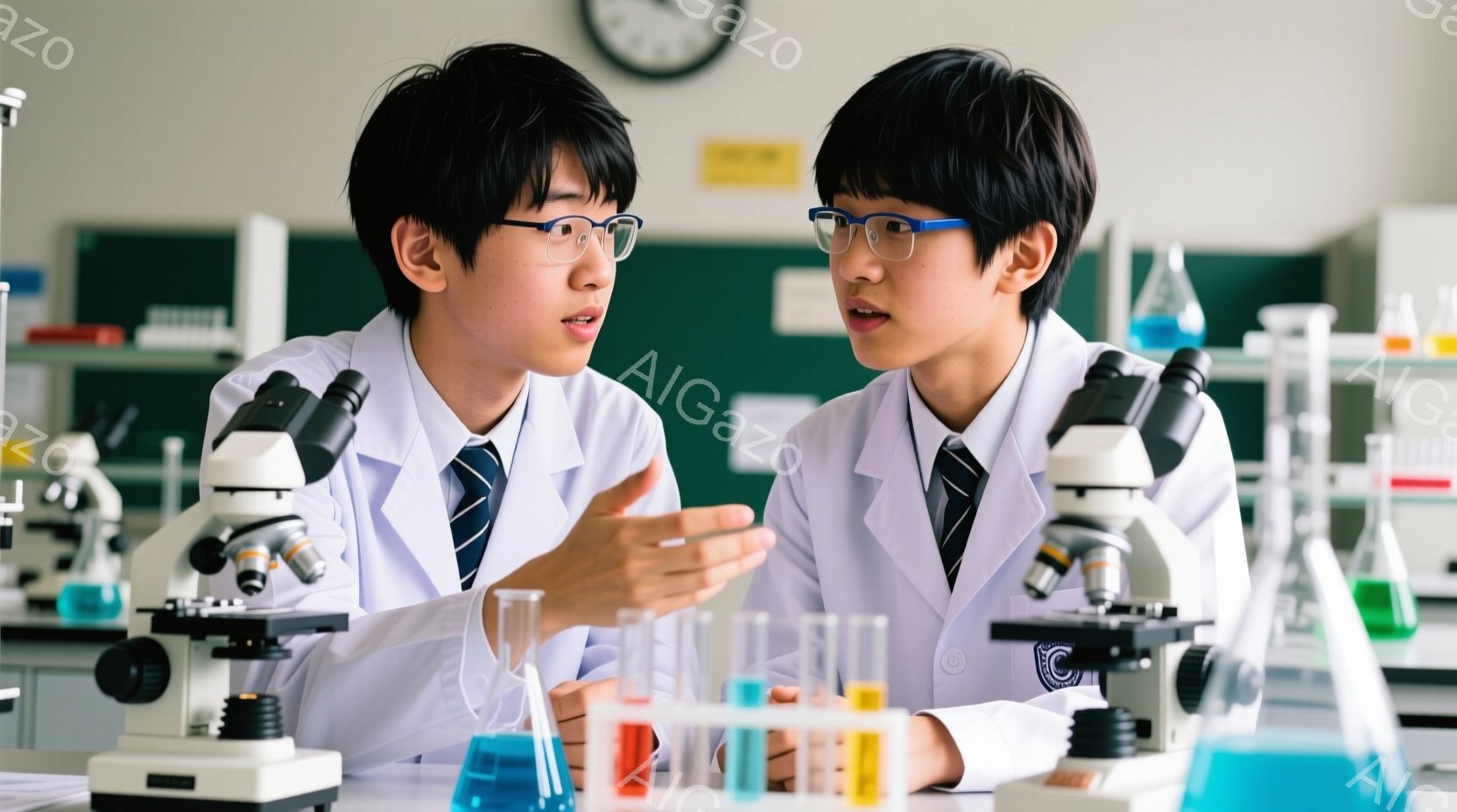 白衣を着て眼鏡をかけた二人の若い男性が、顕微鏡と試験管に囲まれた実験室で会話しています。彼らは真剣な表情で身を乗り出し、科学的な議論をしているようです。背景には様々な実験器具や青色の液体が入った試験管が並び、科学研究に集中した雰囲気を感じさせます。