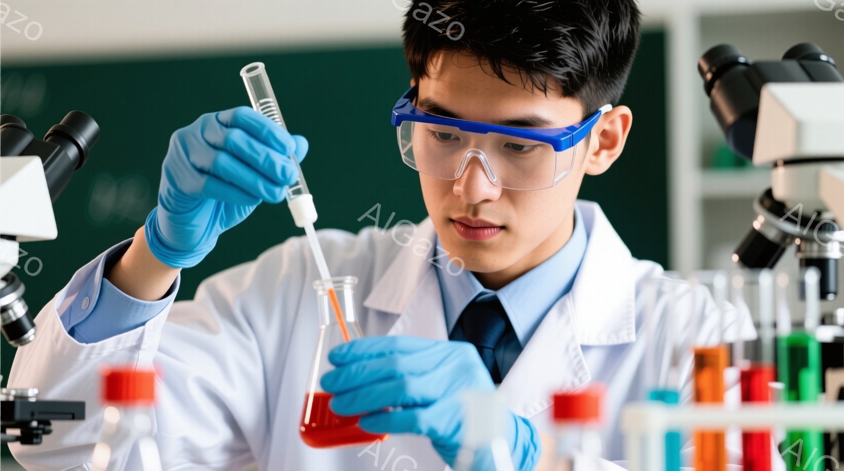 若い科学者が実験を行っている様子が写っている。白い実験着とネクタイを着用し、保護メガネと青い手袋を付けている。背景には試験管立てと試験管、顕微鏡が見え、実験室の様子であることがわかる。