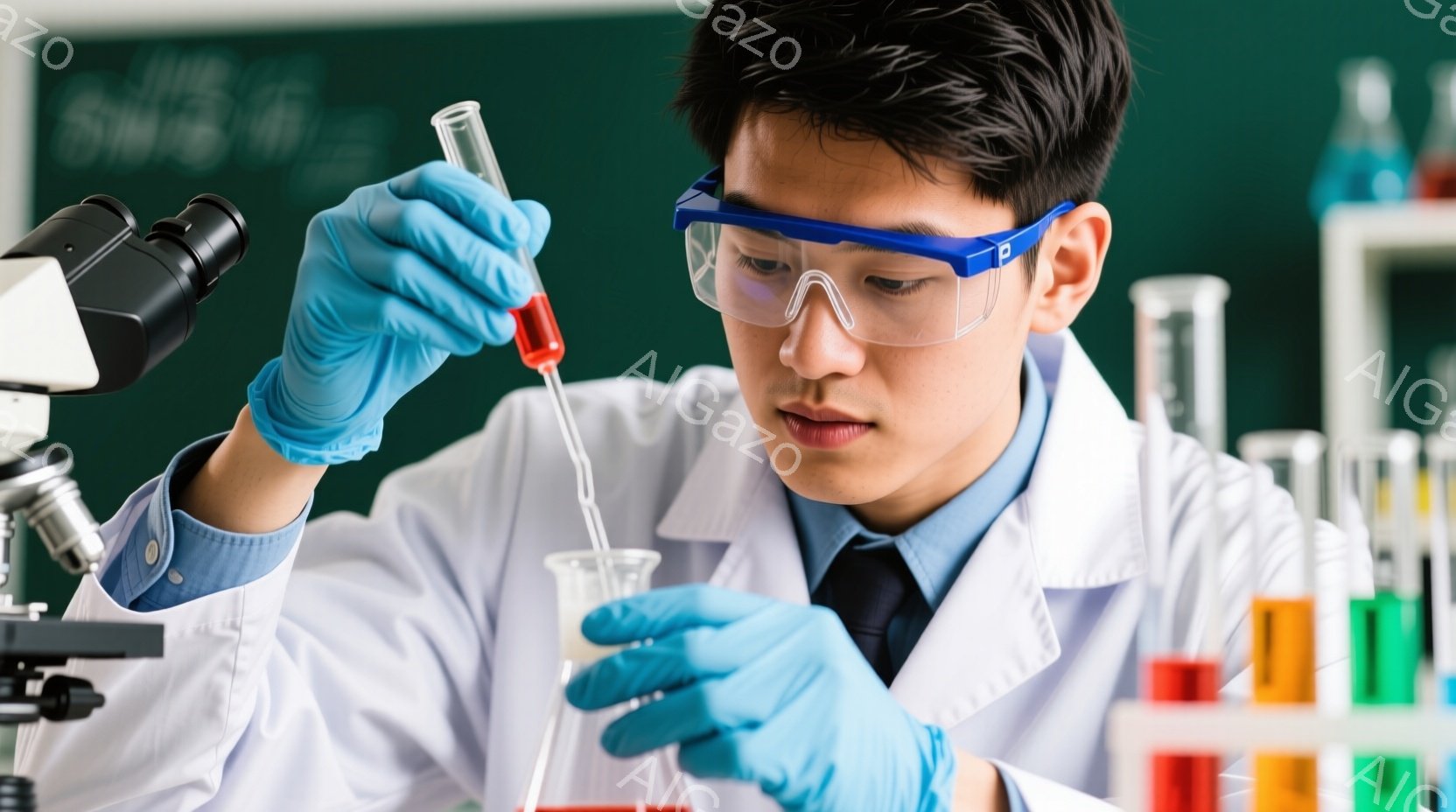 若い男性が実験室で実験を行っています。彼は白衣とネクタイを着ており、青い手袋とゴーグルを着用しています。彼はピペットで試験管に赤い液体を慎重に滴下しており、集中した表情を浮かべています。