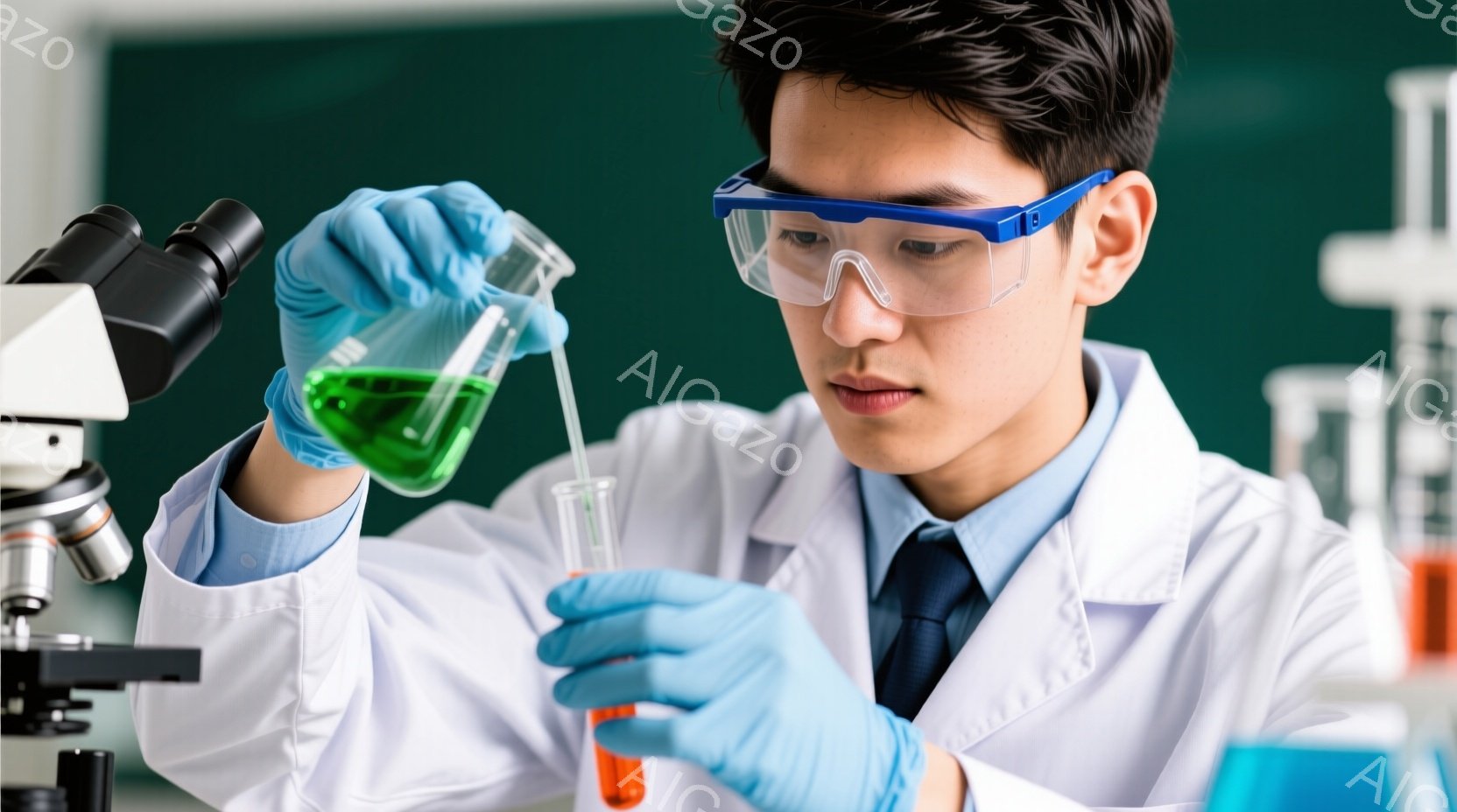 若い科学者が実験を行っている様子が写っています。白い実験着と青い手袋を着用し、保護メガネをかけて集中した表情で試験管に緑色の液体を注いでいます。背景には顕微鏡の一部が見え、実験室のような環境であることがわかります。