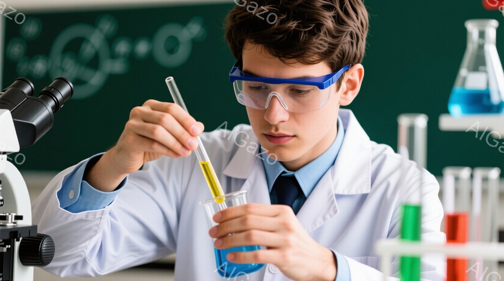 若い男性が実験室で実験を行っている様子が写っている。彼は白い実験着を着て、青いゴーグルをかけており、真剣な表情で試験管からビーカーに液体を移し替えている。背景には顕微鏡や試験管立て、青い液体が入った様々な実験器具が見え、科学的な研究室の雰囲気が漂っている。
