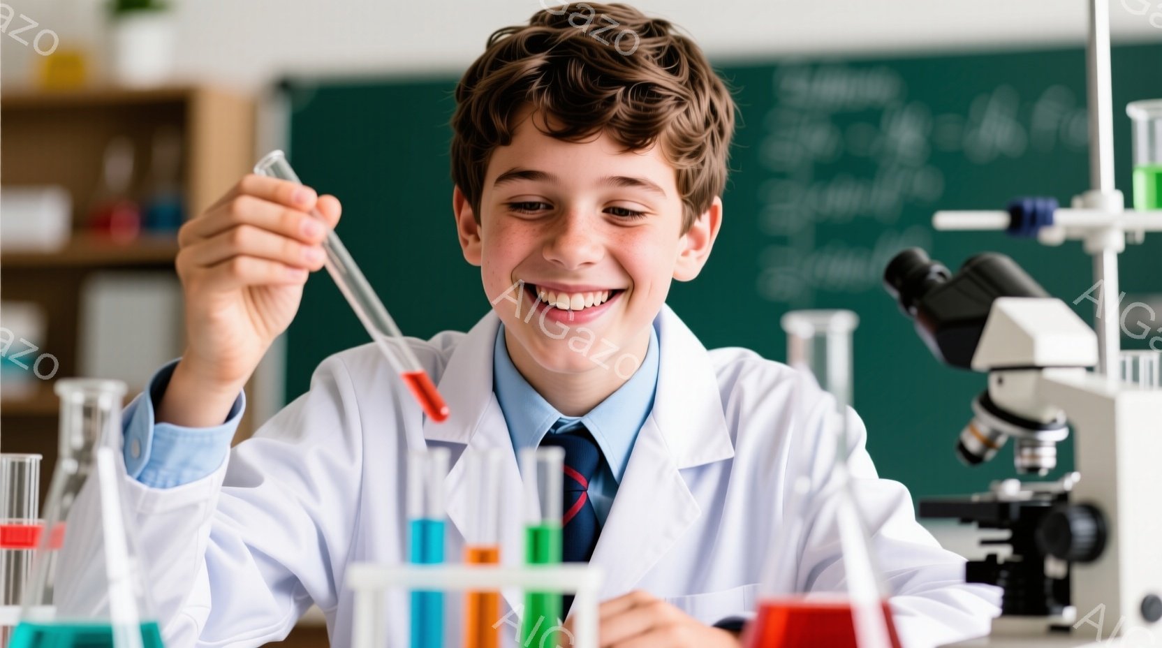 若い少年が実験室で実験を行っています。白衣とネクタイを身につけ、試験管とフラスコに囲まれ、顔には明るい笑顔が浮かんでいます。背景には、科学機器や黒板が見え、科学への興味と学習への意欲が伝わってきます。