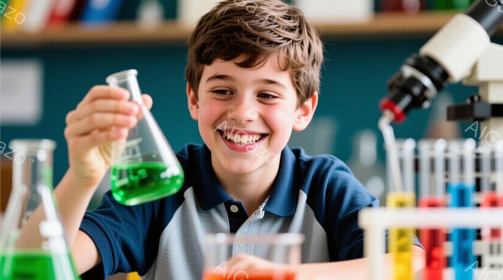 若い少年が実験室でフラスコを高く掲げ、満面の笑みを浮かべている。紺色とグレーのポロシャツを着ており、茶色の髪は少し無造作にセットされている。背景には試験管立てと実験器具が見え、明るく活気のある科学の授業の様子が伺える。