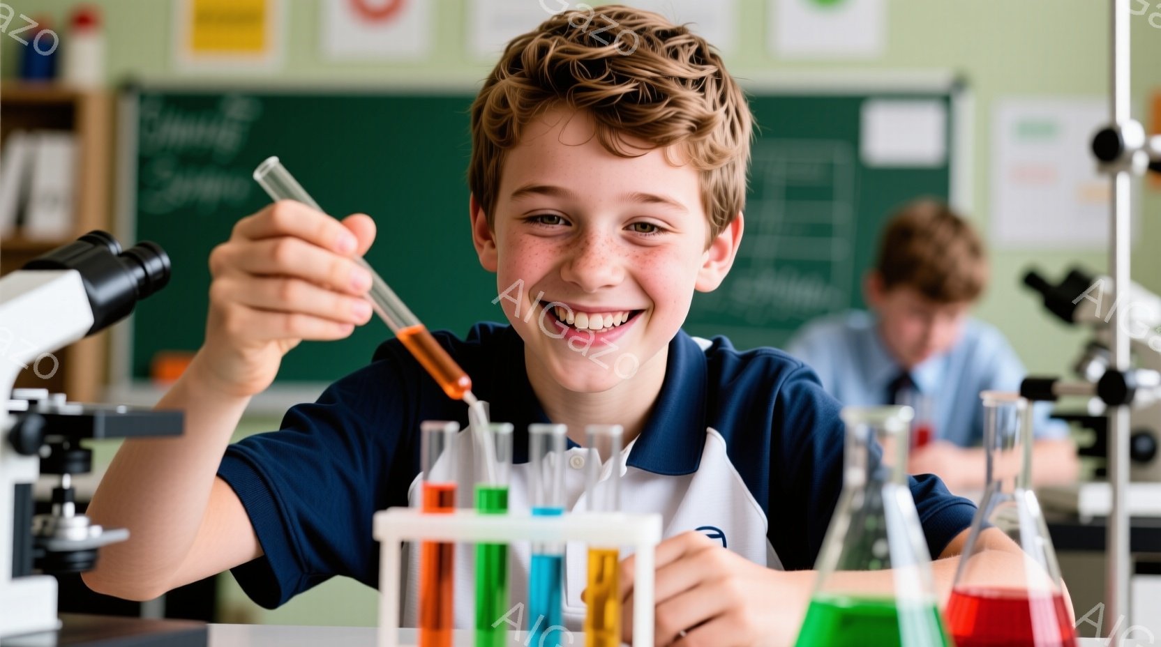 少年は実験室で試験管を手に持ち、満面の笑みを浮かべている。彼は紺色のポロシャツを着ており、明るい茶色の巻き毛が特徴的だ。背景には他の生徒や実験器具、そして黒板が見え、科学の授業風景を伝えている。 - AI生成フリー素材