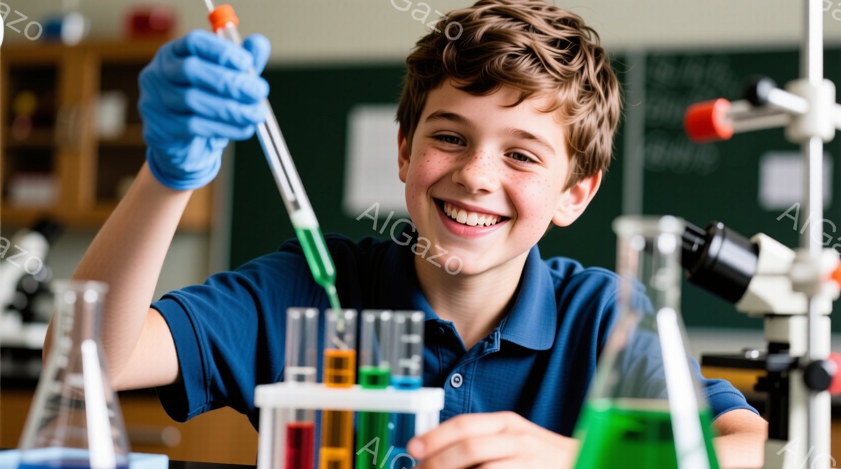 この少年は、青色のポロシャツを着て、実験室で試験管を見ながら笑顔を浮かべています。彼は青い手袋を着用し、ピペットを使って試験管に液体を滴下させているようです。背景には、様々な試験管や実験器具が並び、科学的な実験が行われている様子が伺えます。