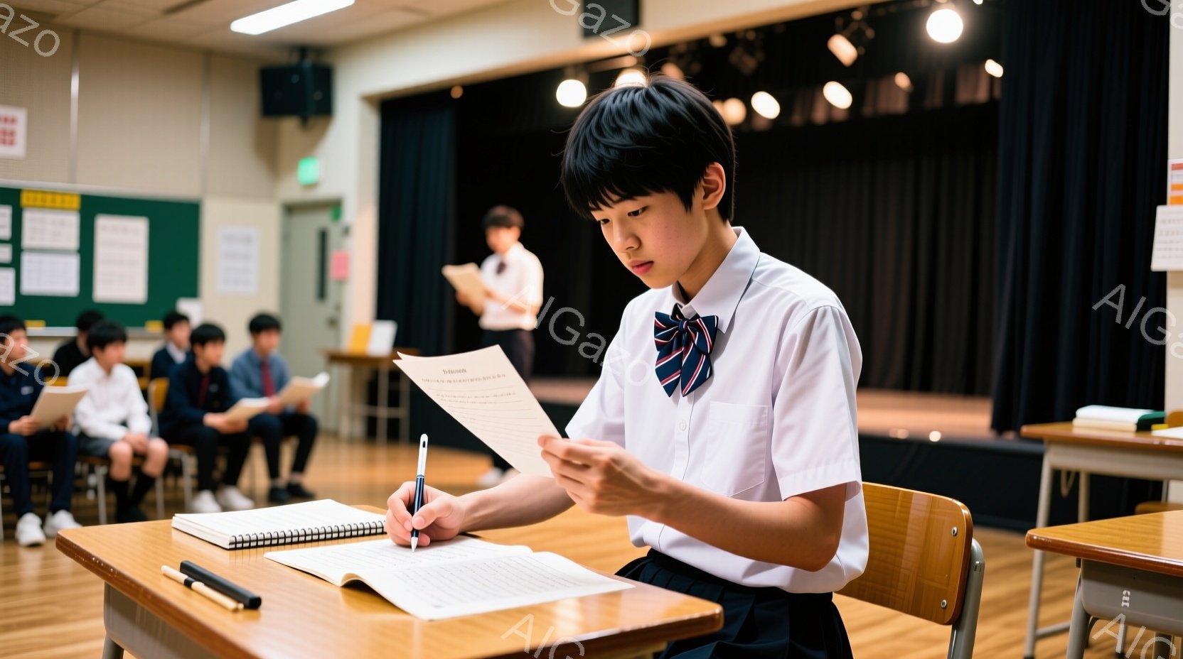 制服を着た少年が教室で何かを書き込んでいる様子が写っている。彼は黒髪で、少し前かがみの姿勢でノートに集中しており、表情は真剣だ。教室には他の生徒もおり、ステージのような背景があり、全体的に学習や練習の - AI生成フリー素材