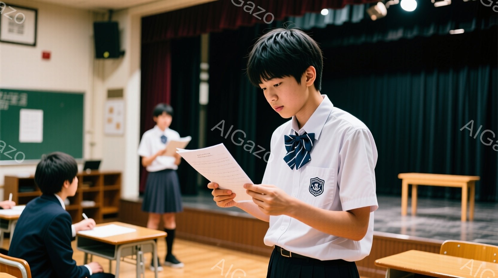 制服を着た少年が、何かの原稿を手に、少し真剣な表情で読み込んでいる様子が写っている。背景には、舞台と教室の机が並び、他の生徒も制服姿で立っているか、机で何か書き込んでいる。全体的に、学校の教室または舞 - AI生成フリー素材