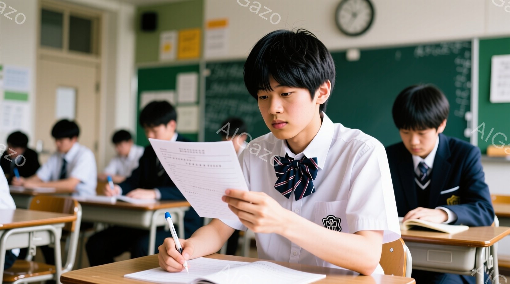 制服を着た男子学生が、試験問題と思われる用紙を手に、集中した表情で読み込んでいる様子が描かれています。彼は黒髪で、少し前髪が伸びたようなヘアスタイルで、机に向かって前かがみになり、右手にペンを持って何 - AI生成フリー素材