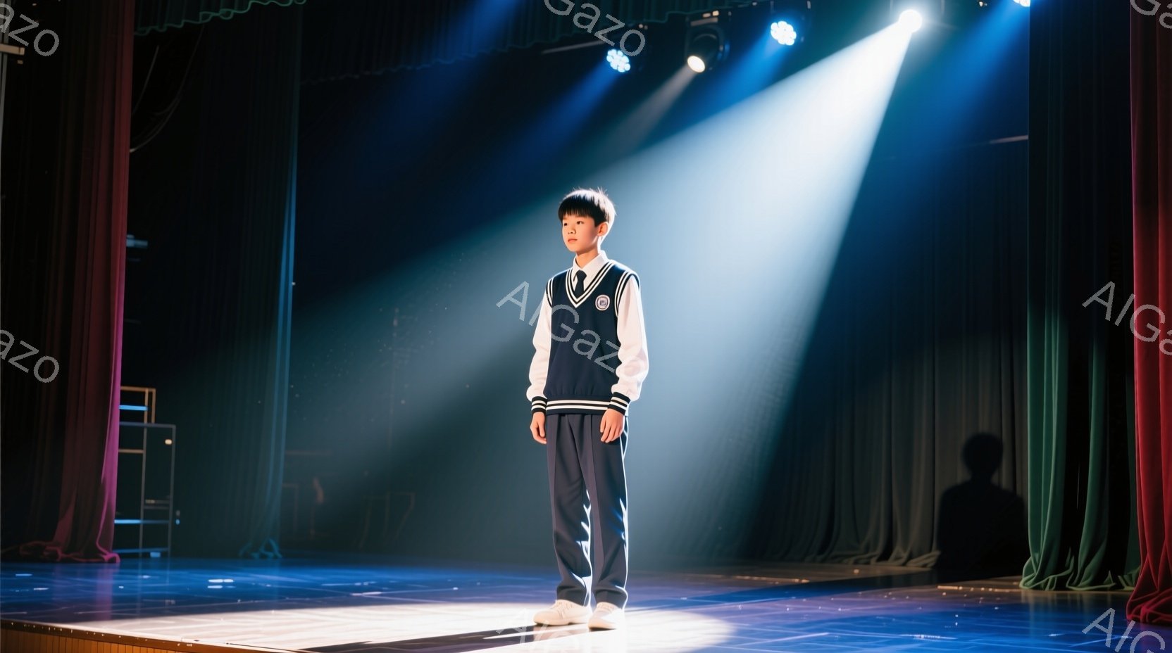 少年は舞台の中央に立っており、紺色のセーターに薄いブルーのズボンという制服を着ています。彼は少し緊張した表情でまっすぐ前を見つめており、両腕は体の横に自然に下がっています。背景には赤いカーテンと、ぼんやりとした影が見え、スポットライトが彼を照らしているため、舞台の雰囲気を感じさせます。
