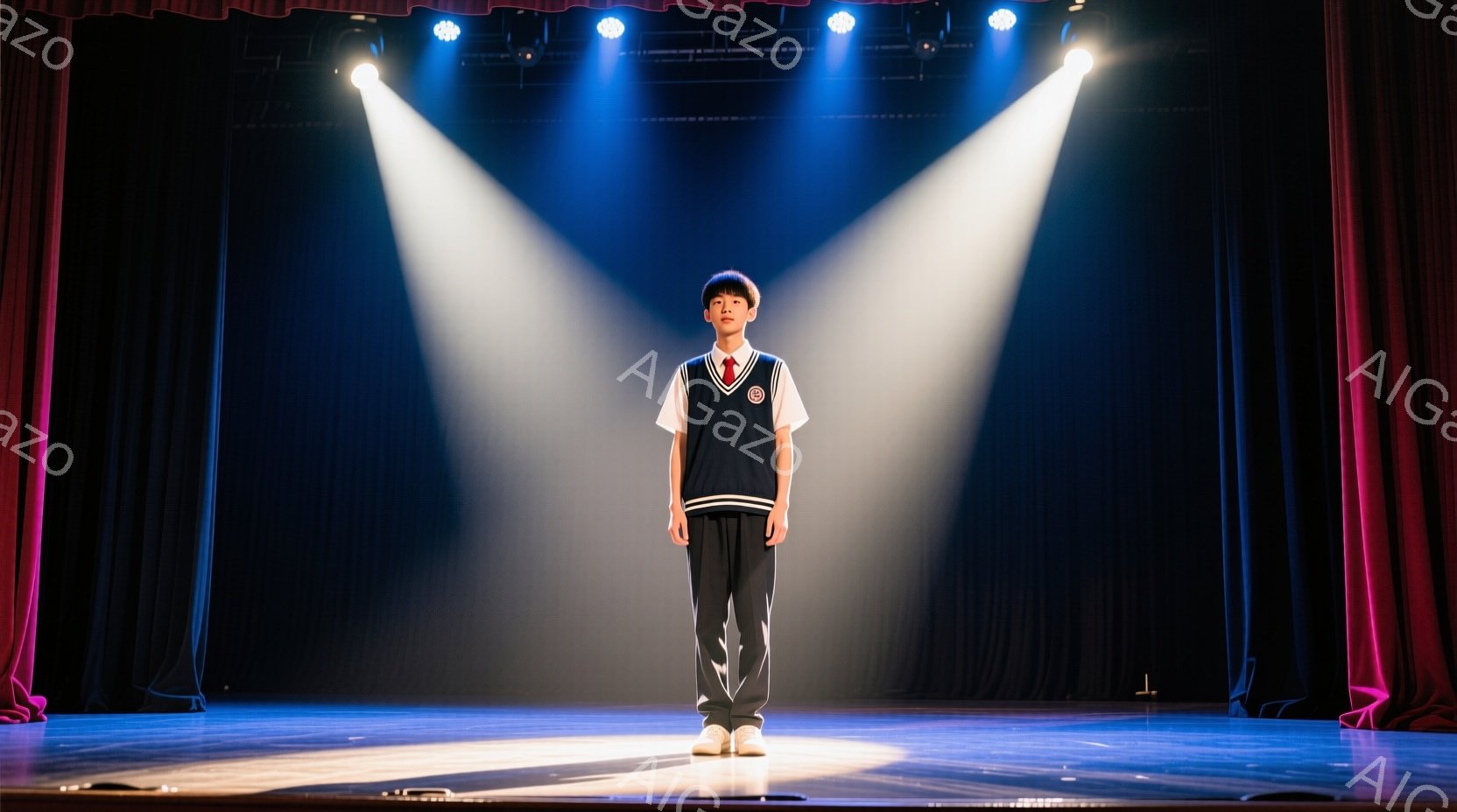 舞台中央に立つ少年は、紺色のブレザーにベスト、灰色のズボンを身につけている。髪型は短く、表情はやや緊張した様子で、まっすぐ前を見据えている。背景は暗い赤色のカーテンで、スポットライトが少年を照らし、ドラマチックな雰囲気を醸し出している。