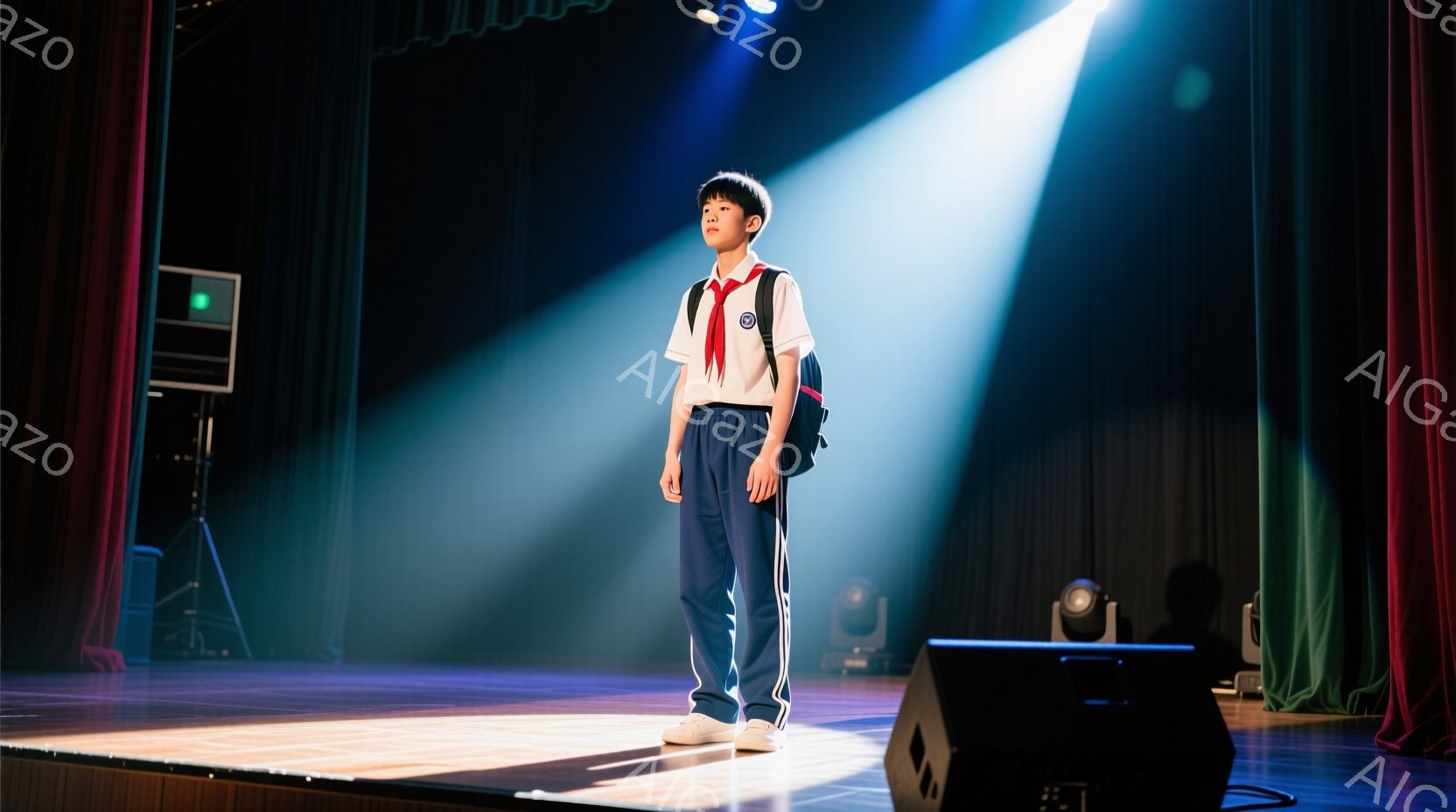 舞台中央に立つ少年は、白いシャツに紺色のズボン、赤いネクタイとスカーフを着用し、背中にリュックサックを背負っています。彼は正面をまっすぐ見つめ、少し緊張した表情で立っており、スポットライトが彼を照らしています。背景には赤いカーテンと、ステージに設置されたスピーカーや照明器具が見え、コンサートや演劇の舞台のようであり、少し厳かな雰囲気が漂っています。