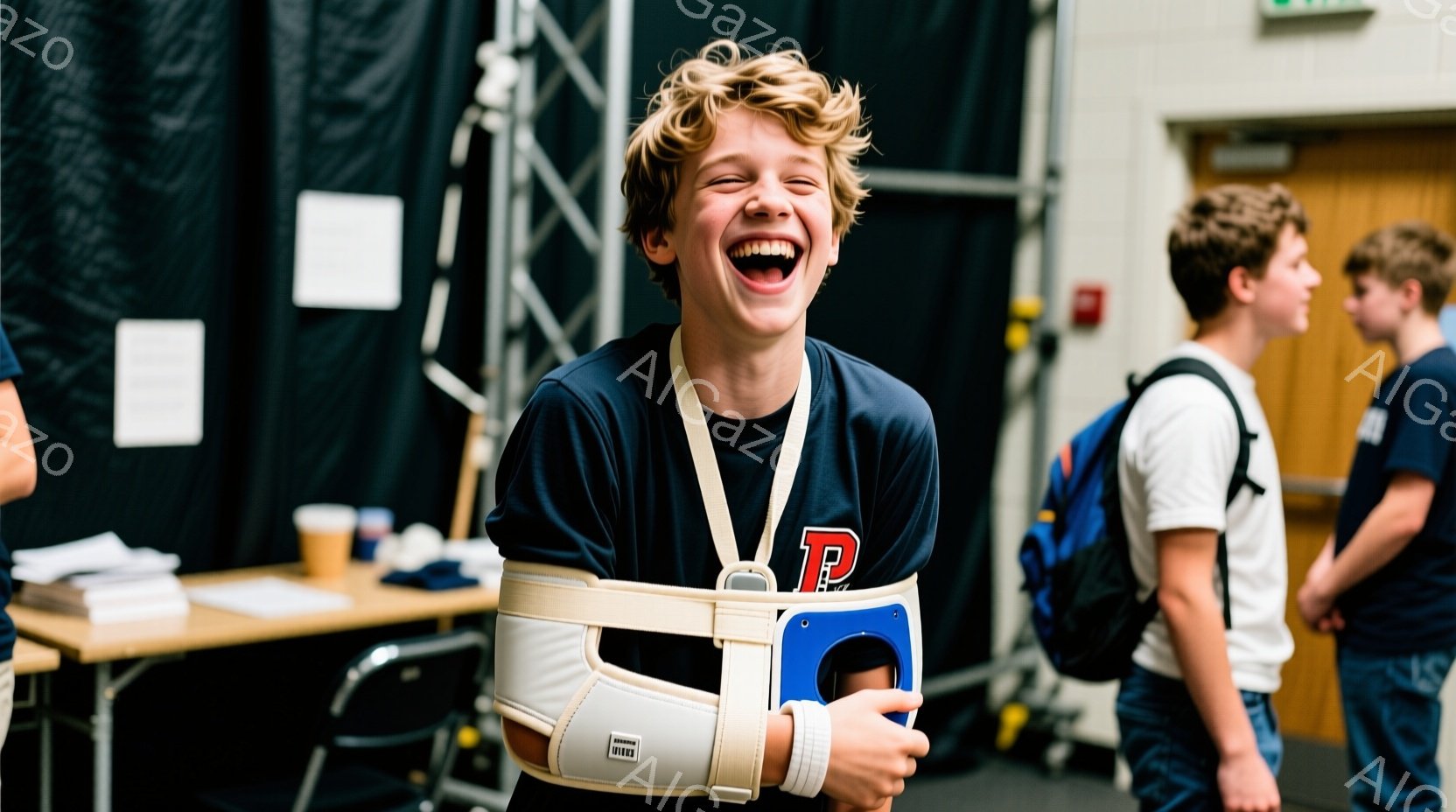 金髪の少年が腕を吊った状態で、満面の笑みを浮かべている。青いポロシャツに「P」のロゴが入っており、左腕には白いサポーターが装着されている。背景には机や書類、他の生徒がぼやけて見え、屋内競技場の活気ある雰囲気が伝わる。