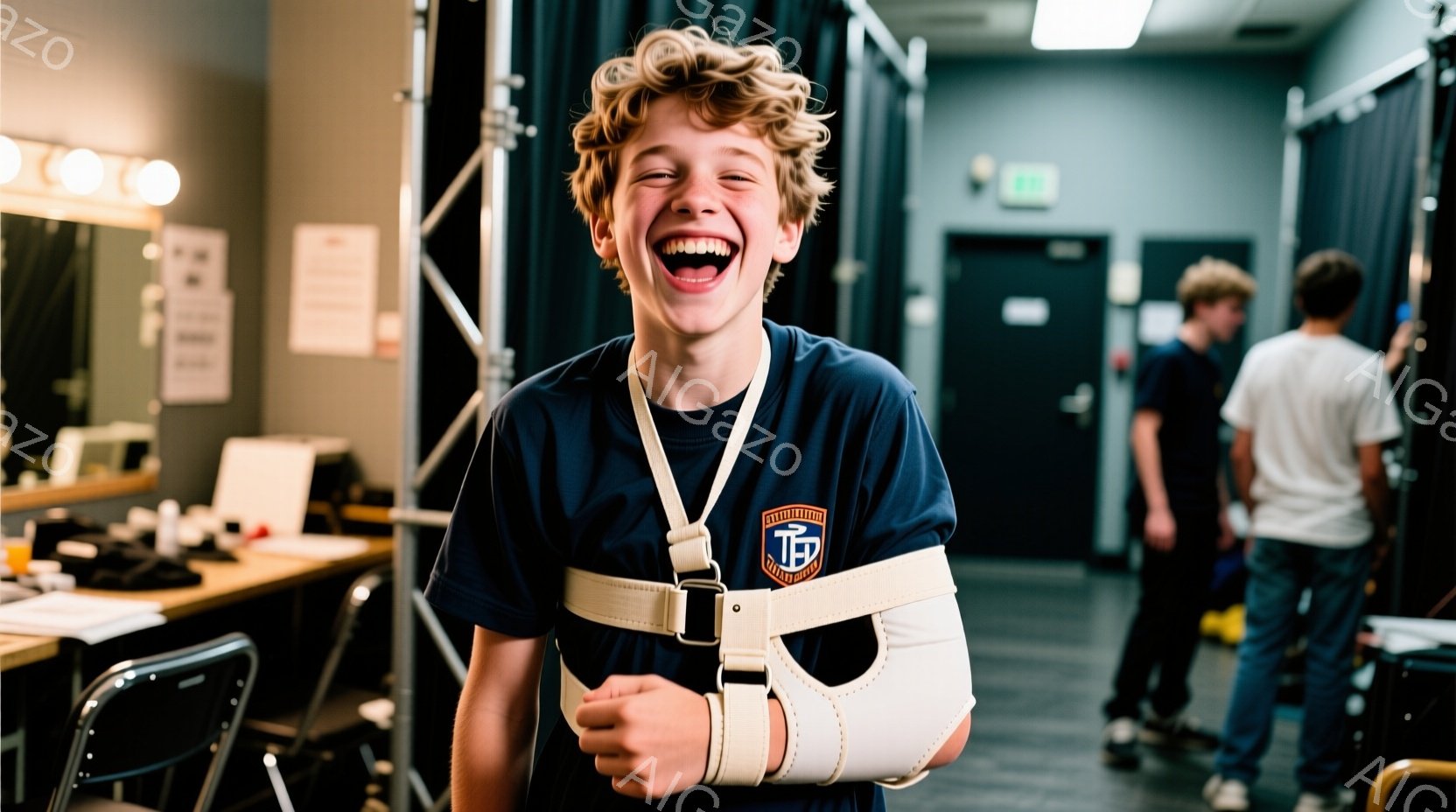 金髪で巻き毛の少年が、青いポロシャツと肩を固定する装具を身につけて、大きく笑っています。背景には他の少年たちが歩き回り、薄暗い廊下の奥にドアが見えます。全体的に、リラックスした、楽しい雰囲気で、おそらくスポーツやイベントの後の楽屋の様子です。