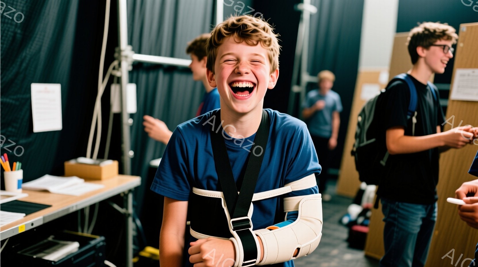 若い少年が青いTシャツと肩当て（おそらく怪我のため）をつけて、満面の笑みを浮かべている。彼は少し前かがみになり、まるで面白い話を聞いたかのように、楽しそうに笑っている。背景には他の少年たちがおり、作業台や持ち物などが置かれた、何かの舞台裏のような空間が広がっている。