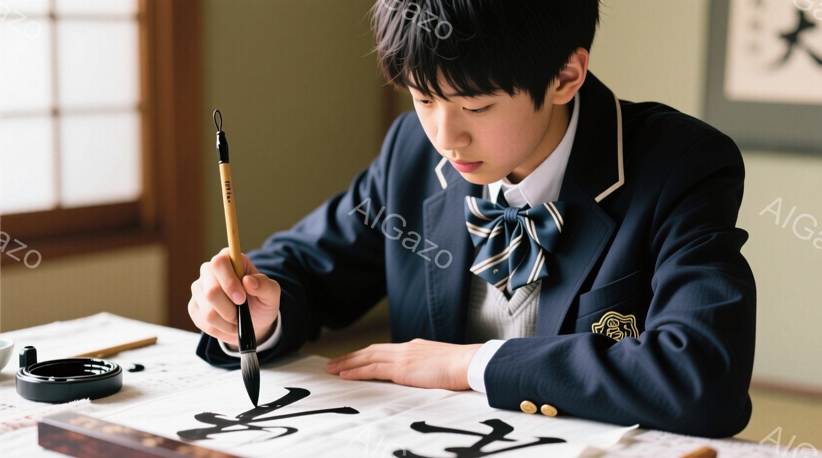 制服を着た少年が書道に取り組んでいます。彼は濃い青色のジャケットに、灰色のベスト、ネクタイ、白シャツという服装で、真剣な表情で筆を握り、白い紙に文字を書いています。背景には、掛け軸と障子窓が見え、落ち - AI生成フリー素材