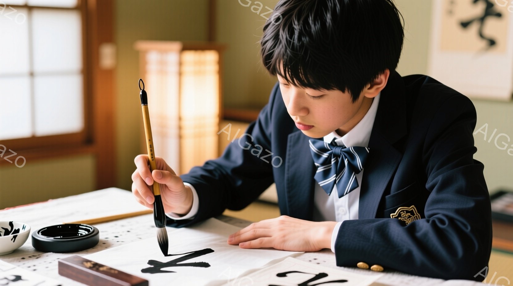 少年は白いシャツに紺色のブレザー、ネクタイとスラックス姿で、書道をしています。彼は集中した表情で筆を握り、白い紙に向かっています。背景には畳の部屋と、書道の道具、そしてぼんやりと見える木製の家具が見え - AI生成フリー素材