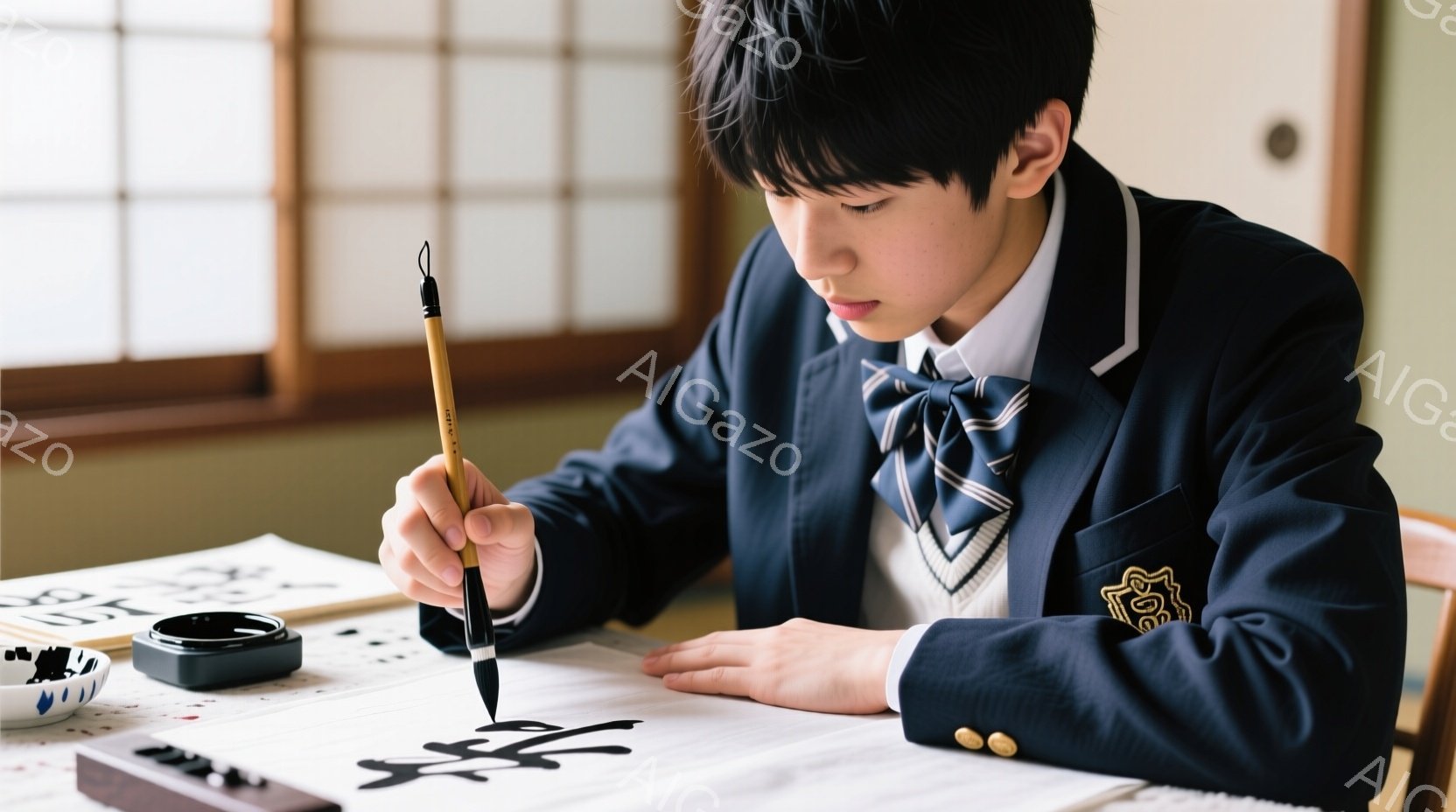 制服を着た少年が書道をしています。彼は濃い青色のブレザーにネクタイ、白のシャツを着ており、前髪を下ろした黒髪が特徴的です。集中した表情で筆を握り、白い紙に墨で文字を描いています。 - AI生成フリー素材