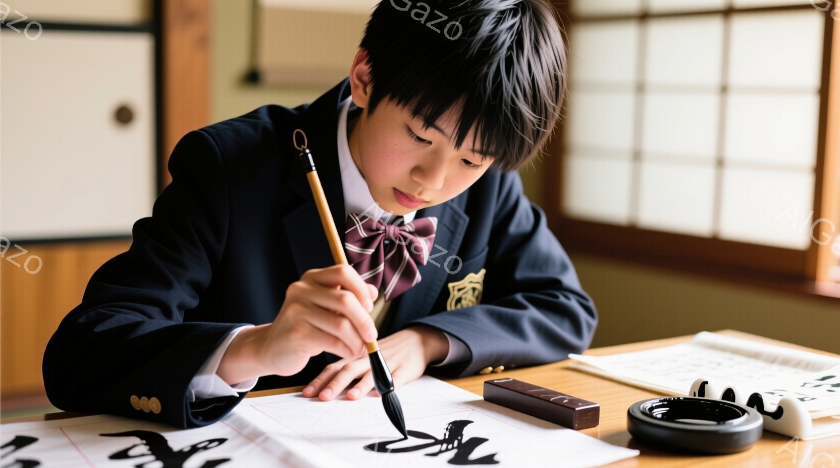 制服を着た少年が書道に取り組んでいます。彼は濃い青色のブレザーに、チェック柄のネクタイ、金ボタンが並んだ前合わせで、集中した表情で筆を握り、紙に向かっています。背景には木製の机と和室の壁があり、墨、筆 - AI生成フリー素材