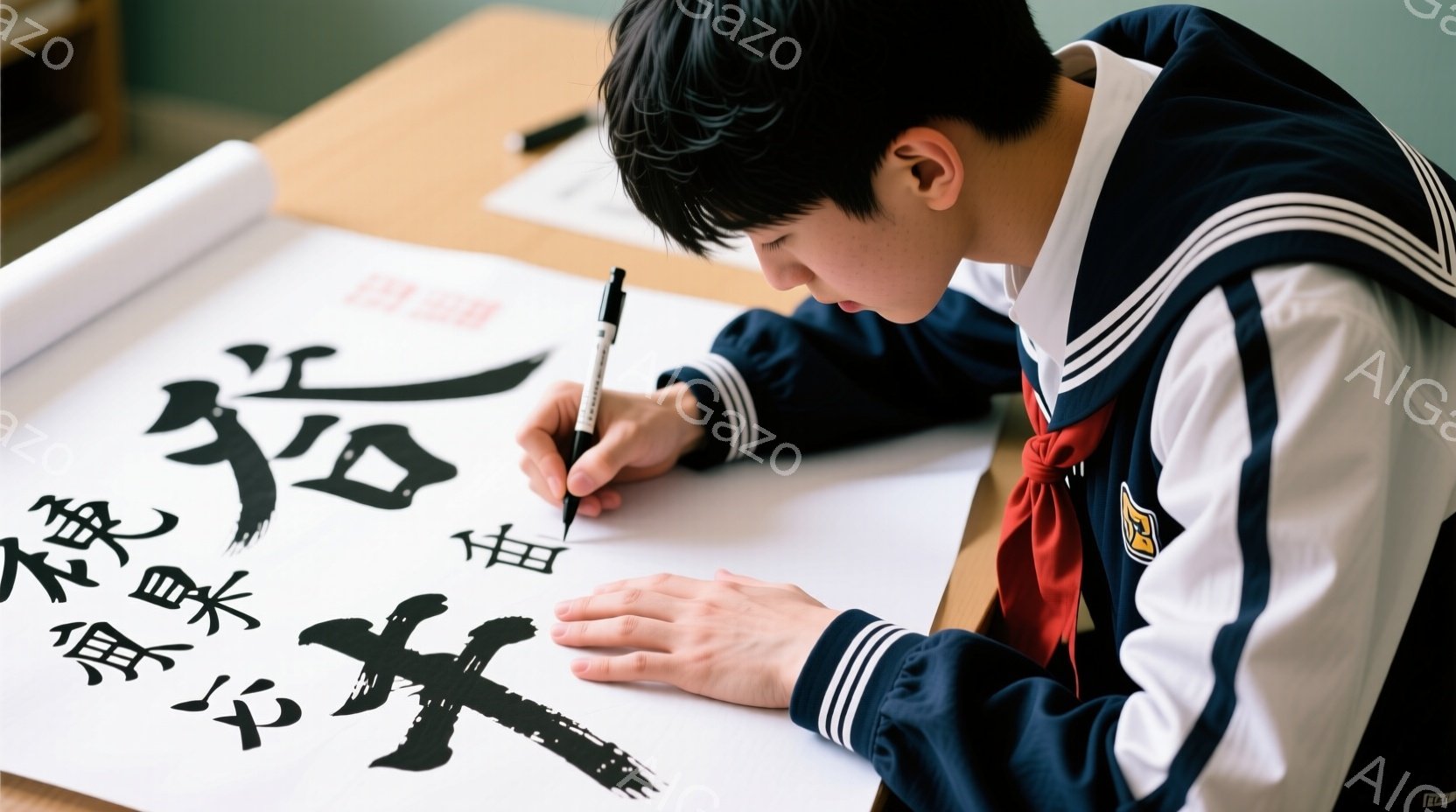 制服を着た少年が、大きな白い紙に筆で書道をしています。少年は黒髪で、集中した表情で筆を握り、右手を大きく動かしながら文字を書いています。背景は薄暗く、書道を行うための簡素な部屋の様子で、集中と静寂の雰 - AI生成フリー素材