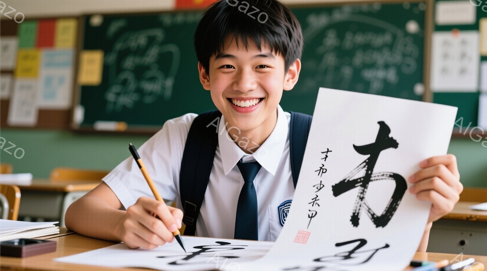 制服を着た若い男性生徒が描いた書道作品を誇らしげに見せている様子を捉えています。彼は短い黒髪で、満面の笑みを浮かべ、右手に書道筆、左手には作品の紙を持っています。背景には教室の机や黒板があり、学習環境 - AI生成フリー素材