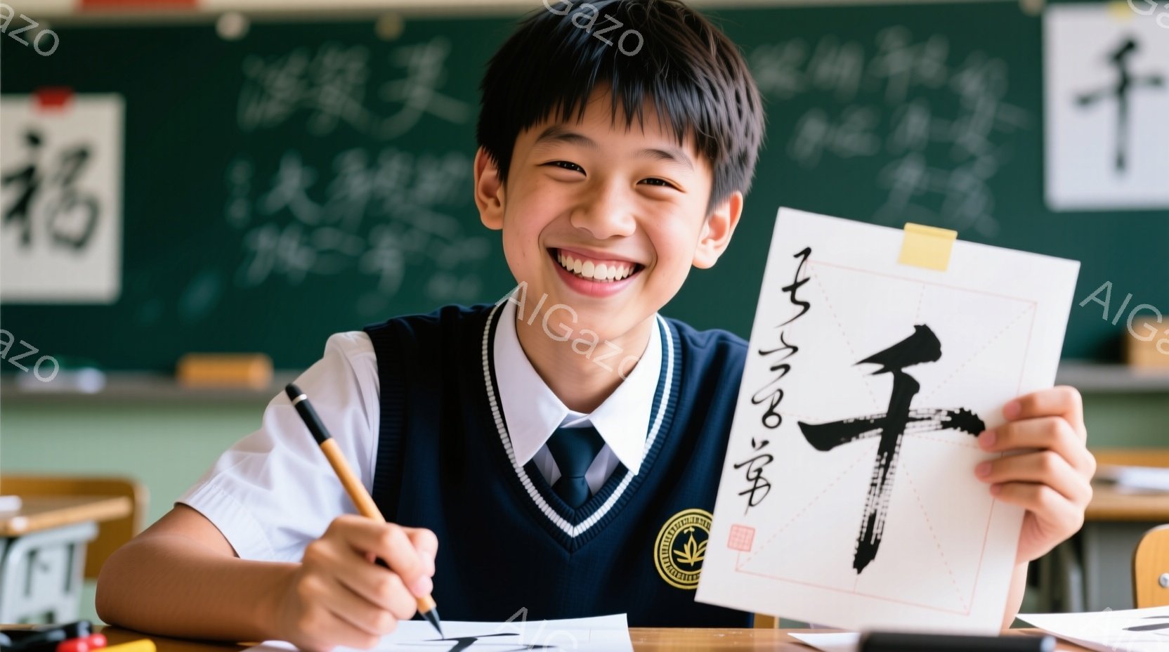 制服を着た少年が、満面の笑みを浮かべながら書道を披露しています。彼は茶色の髪を短く切り揃え、緑色のセーターベストと白いシャツ、ネクタイを着用しています。教室の背景には、他の書道作品が飾られており、明るい雰囲気の中で書道を楽しんでいる様子が伝わってきます。