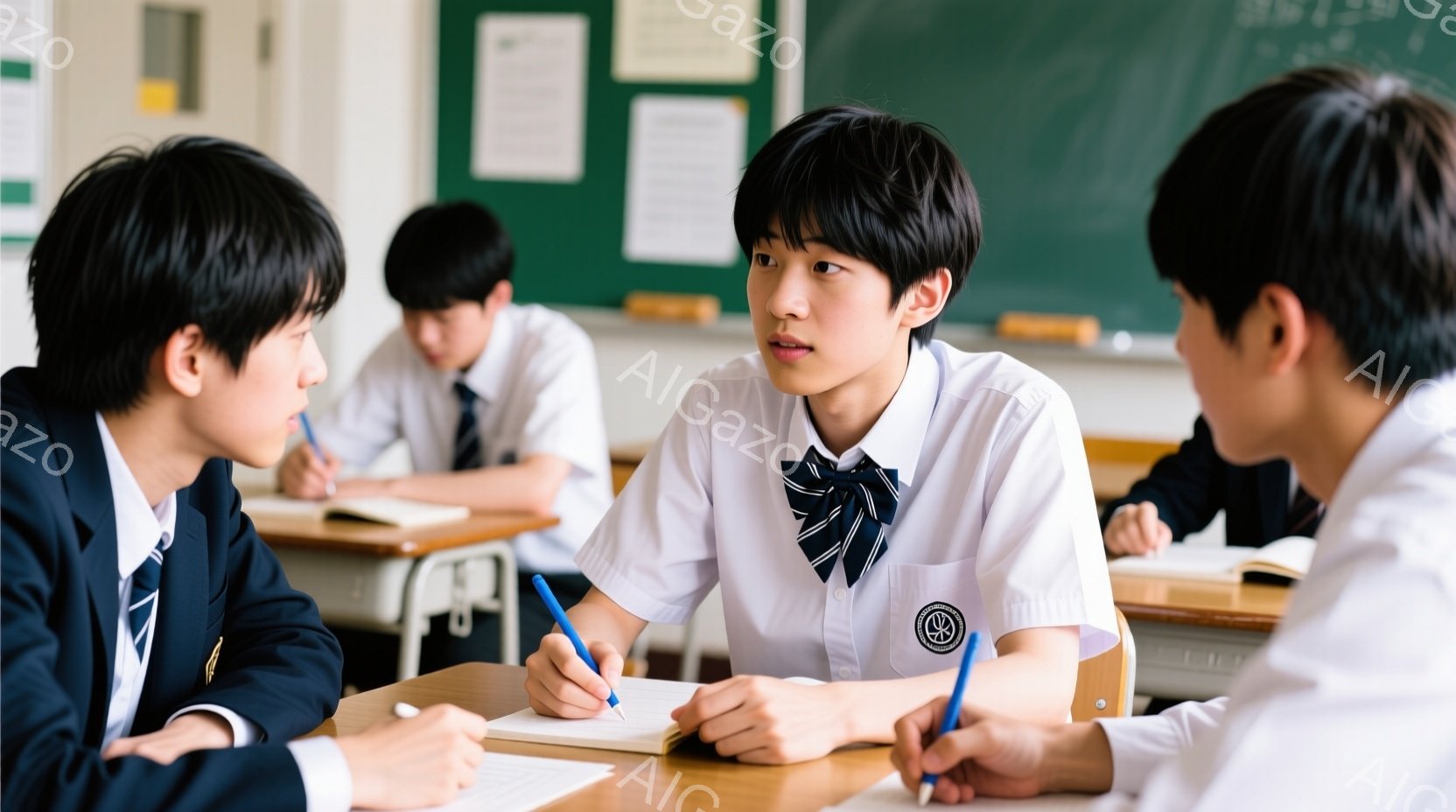 制服を着た男子学生たちが教室で向き合って座り、会話をしている様子が描かれています。中央の学生は少し眉をひそめ、真剣な表情で相手を見つめており、両手でペンを持って少し身を乗り出しています。背景には他の学 - AI生成フリー素材