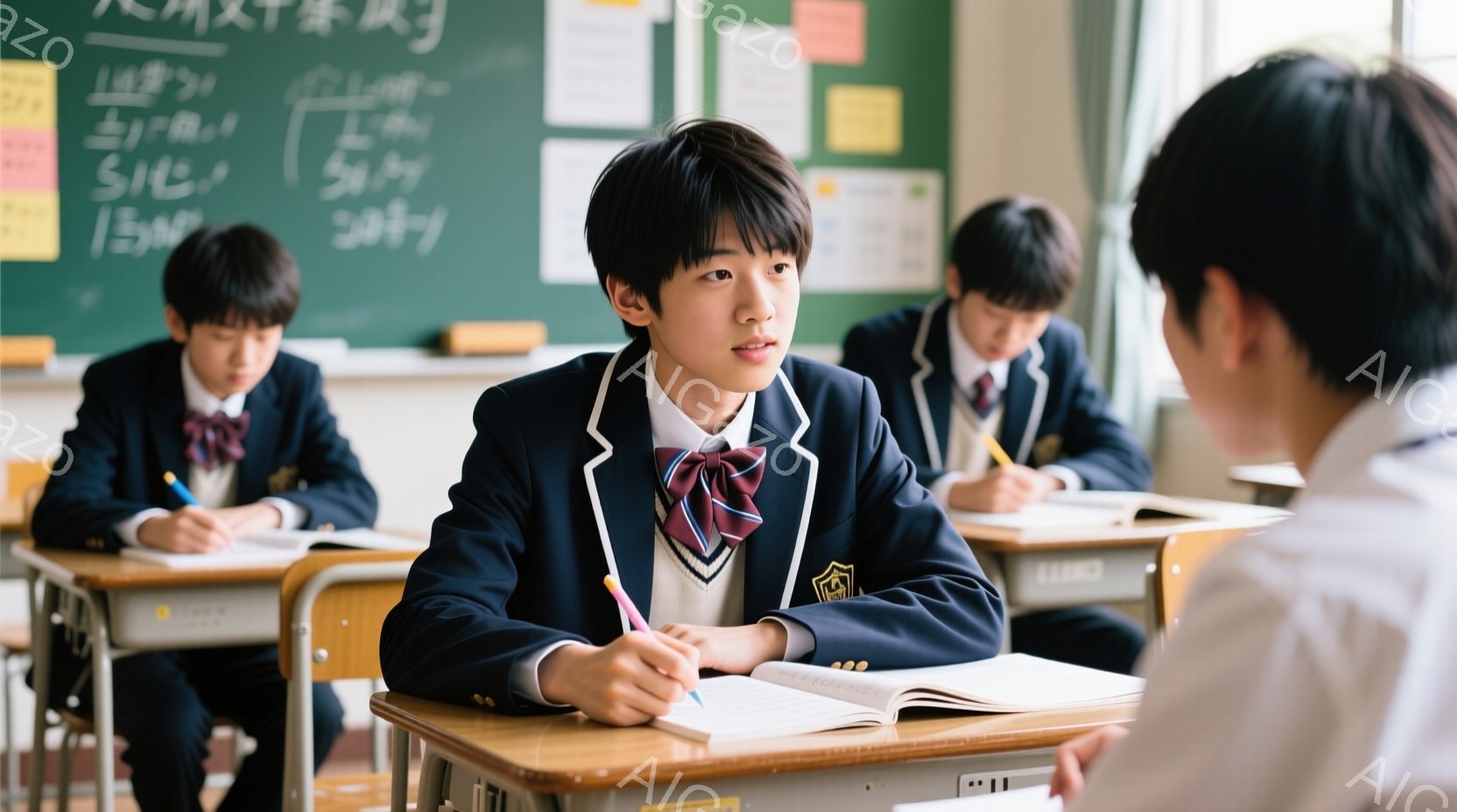 制服を着た男子学生たちが教室で授業を受けている様子が写っている。一番手前の学生は、少し考え込んでいるような表情で、ペンを手に開きっぱなしの教科書を見ている。背景には他の生徒たちが机に向かって勉強してお - AI生成フリー素材
