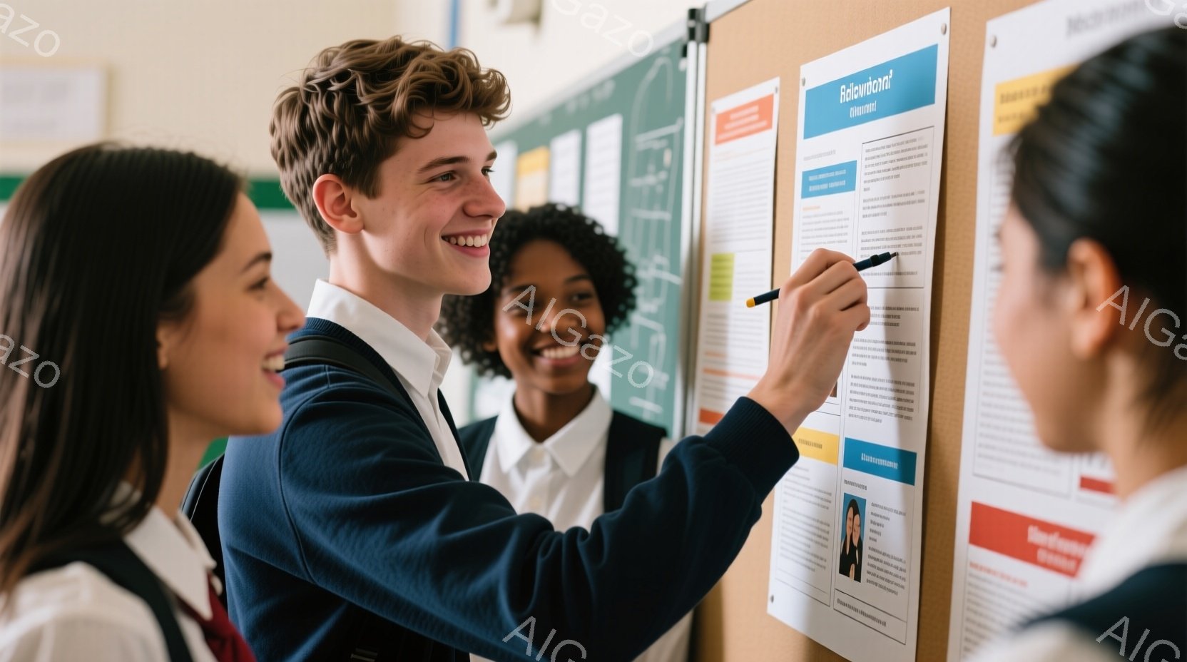 若い男子生徒が黒板の前でポスターを指し示し、微笑んでいます。彼は紺色のブレザー、白いシャツ、ネクタイを着用し、茶色の巻き毛が特徴です。背景には、笑顔の女子生徒が二人おり、黒板には様々なポスターが貼られています。