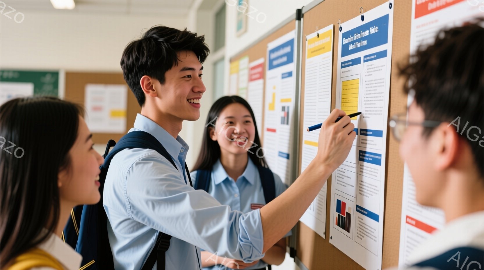 廊下の壁に貼られたポスターの前で、制服を着た若い男女が立っている。一人の男性は黒髪で、ポスターを指差して笑顔で何かを説明しているようだ。他の女性は、ピンクや紫色の髪をしており、微笑みながら彼を見ている - AI生成フリー素材