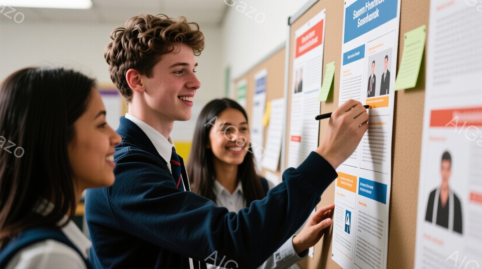若い男性が掲示板に何かを書き込んでいる様子が写っています。彼は青いブレザー、白いシャツ、ネクタイを着用し、巻き毛の髪型で、笑顔でペンを握っています。背景には他のポスターや掲示物が貼られた壁があり、奥には女性が笑顔で彼を見守っています。