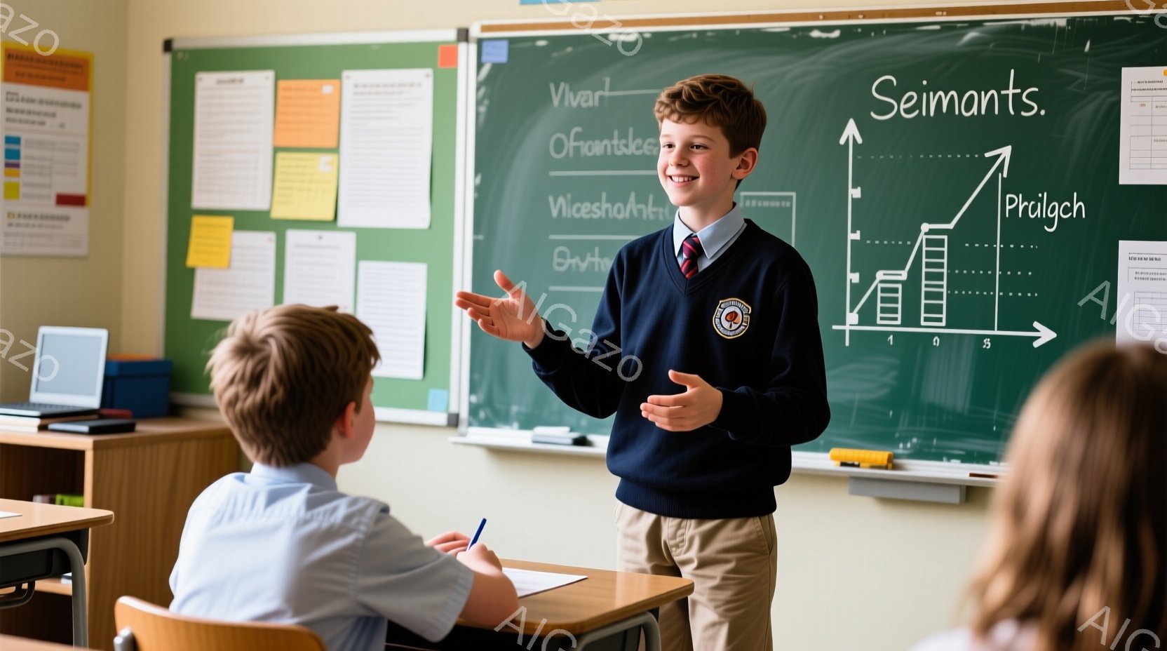 少年が教室の前で立って何かを説明している様子で、ベージュのズボンに紺色のセーターと白と赤のストライプのシャツを着ています。髪は短く茶色で、表情は明るく自信に満ちています。背景には黒板があり、グラフや文 - AI生成フリー素材