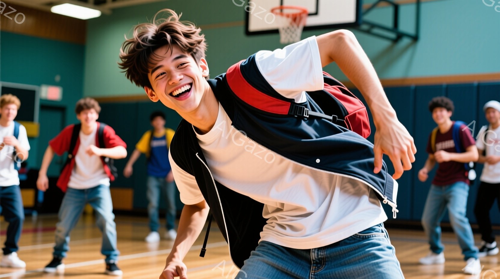 体育館の床で、若い男性が笑顔でポーズをとっています。彼は白いTシャツ、ジーンズ、そして赤、白、青のジャケットを着用し、髪は無造作にとかされています。背景には、他の生徒たちがぼやけて写っており、全体的に活気に満ちた、若々しい雰囲気が漂っています。