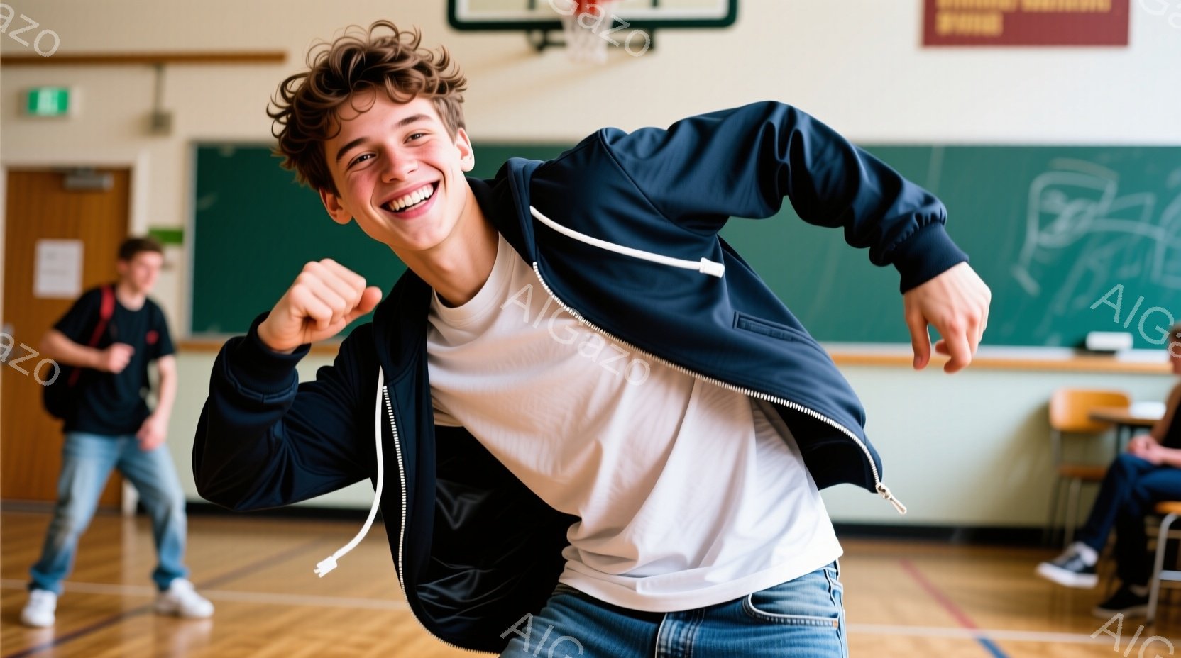 少年は、明るい室内で両手を高く上げて歓喜している様子が写っている。彼は白いTシャツに紺色のジップアップジャケット、そしてジーンズを着用しており、髪はふんわりとしたカールヘアである。背景には、他の生徒や - AI生成フリー素材