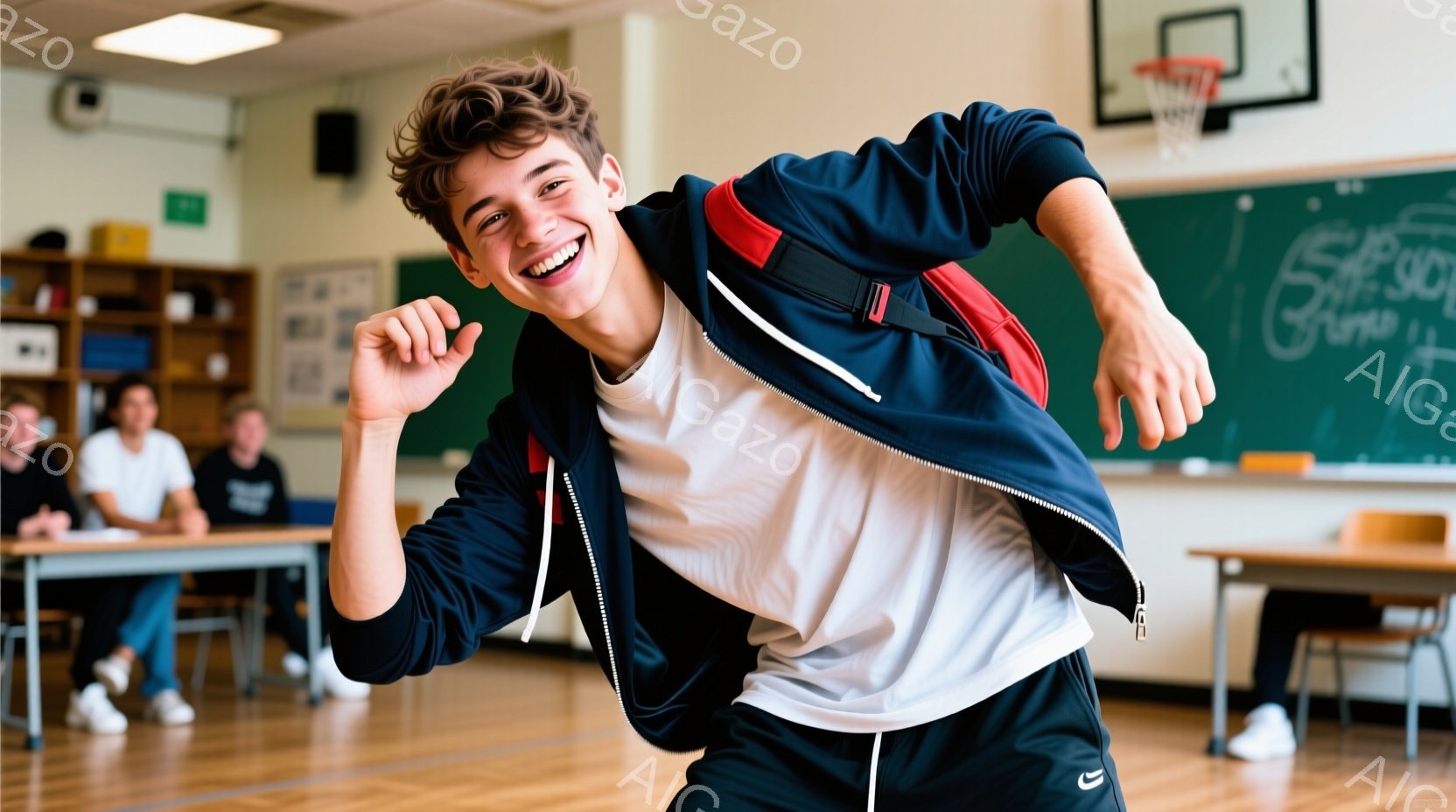 若い男性が教室でジャンプして喜んでいます。彼は白いTシャツにネイビーのジャケット、スポーティーなパンツを着ており、髪は短く巻き毛で、満面の笑みを浮かべています。背景には他の生徒や机、そしてバスケットボールのゴールが見え、明るく活気のある雰囲気です。