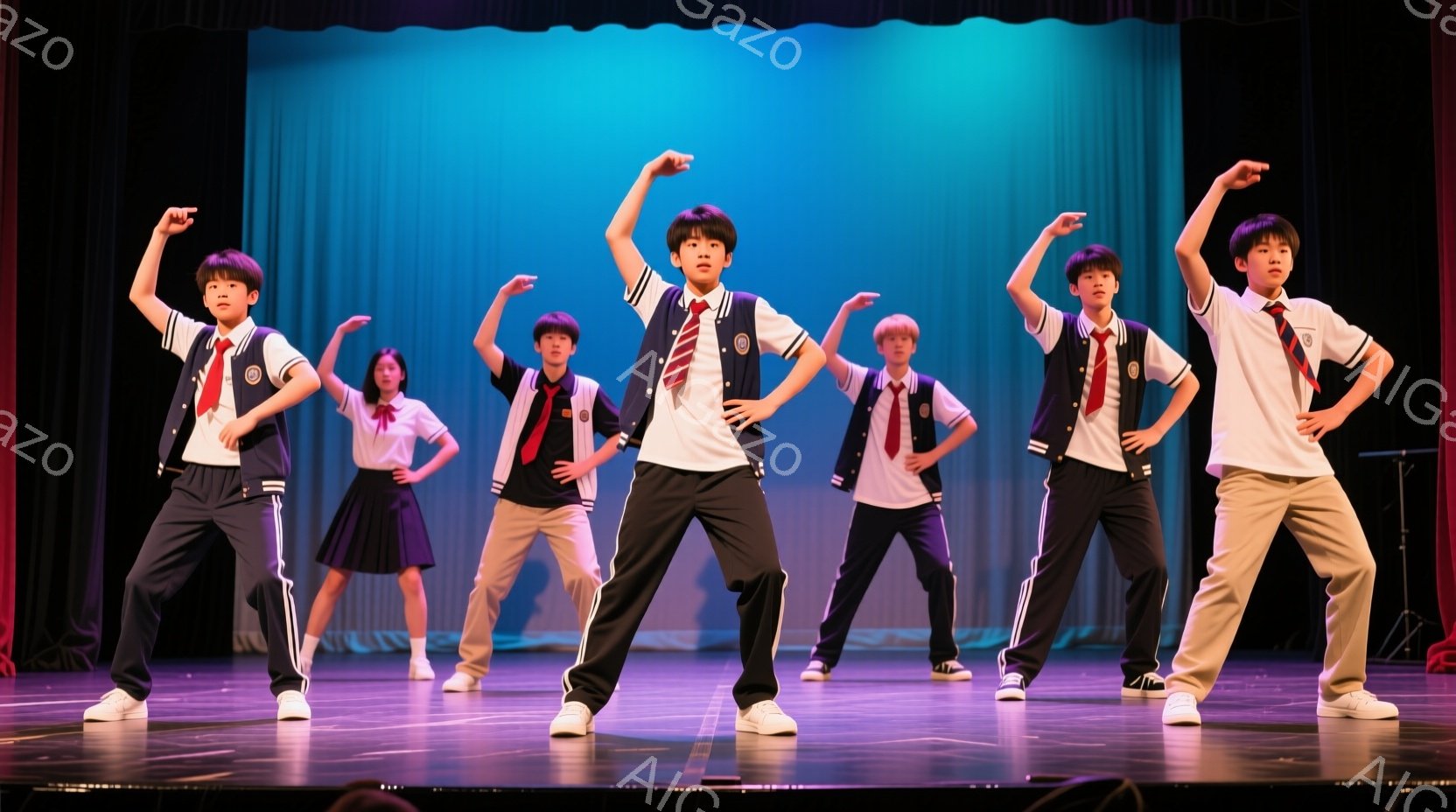 舞台上で、制服を着た少年少女たちがダンスを踊っています。彼らは白いシャツにネクタイ、紺色のブレザー、そして白いズボンまたはスカートを着用しており、皆、片手を上げて、活気のある表情でポーズをとっています。背景は青色のカーテンで、ステージの照明が彼らを照らし、全体的にエネルギッシュで楽しげな雰囲気を醸し出しています。